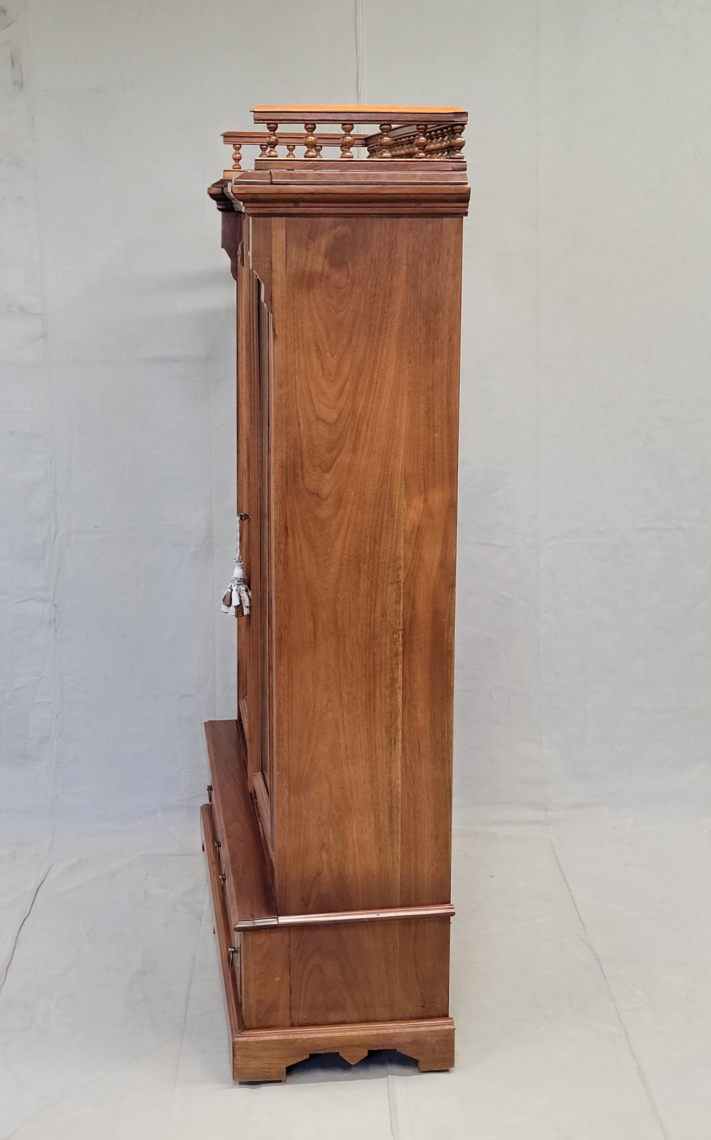 Antique Walnut Glass Door Bookcase With Blue Interior