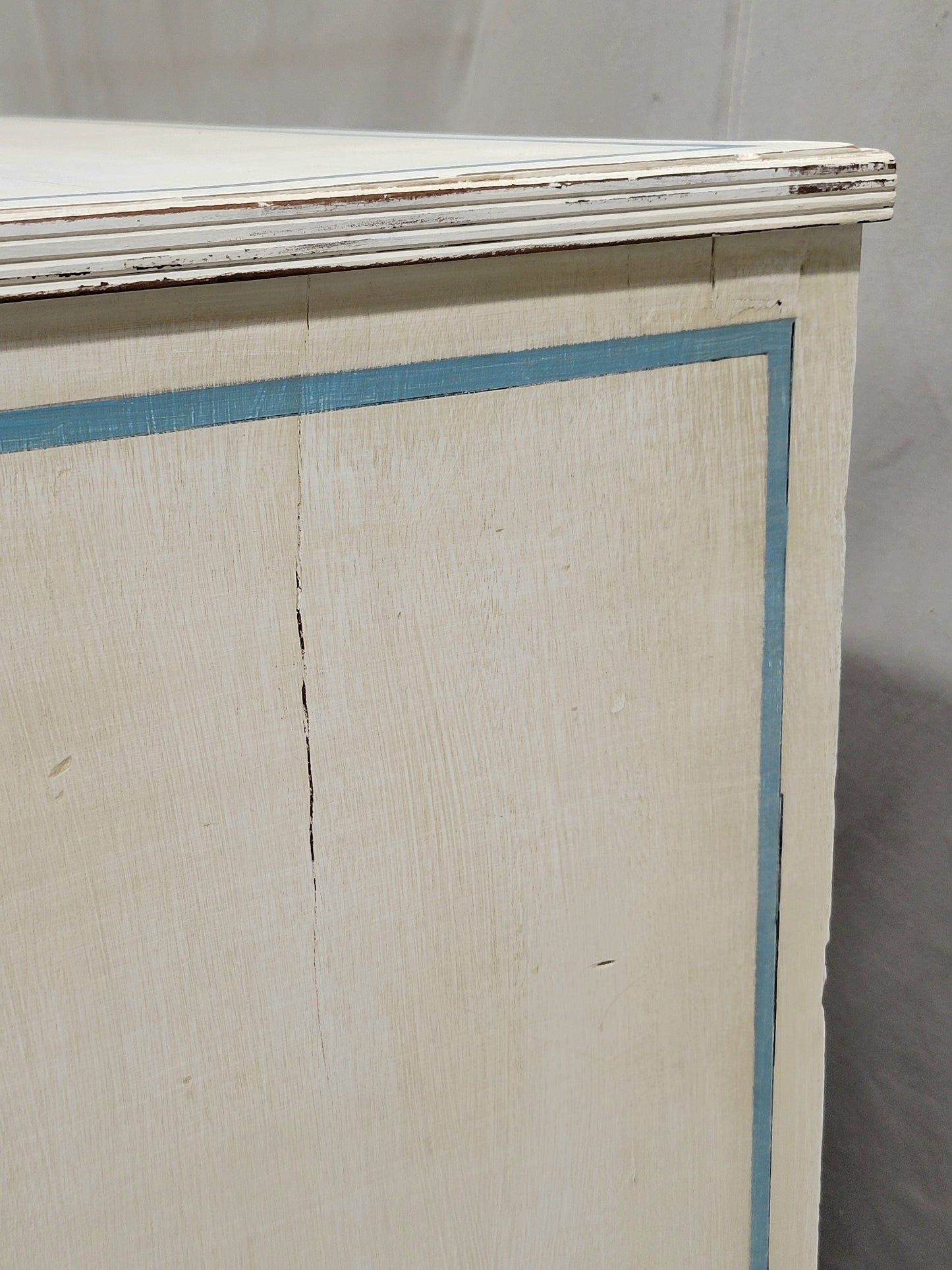 Antique English Painted Mahogany Dresser With Blue French Line Motif