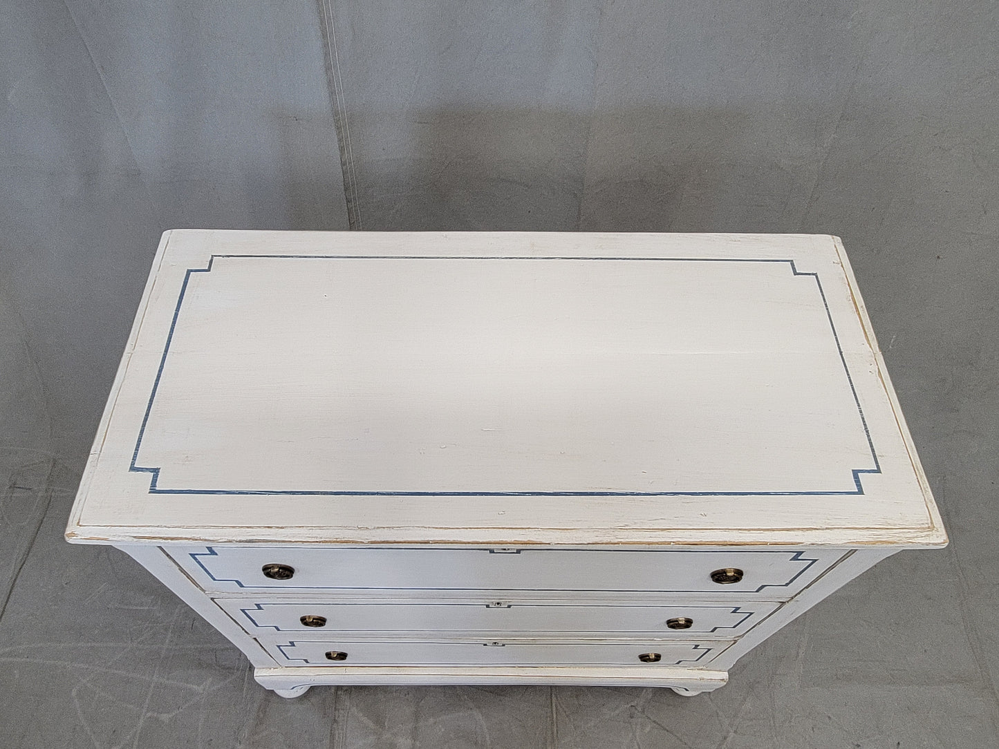 Pair of Antique 19th Century Pine Painted White Dressers With Blue French Line Motif
