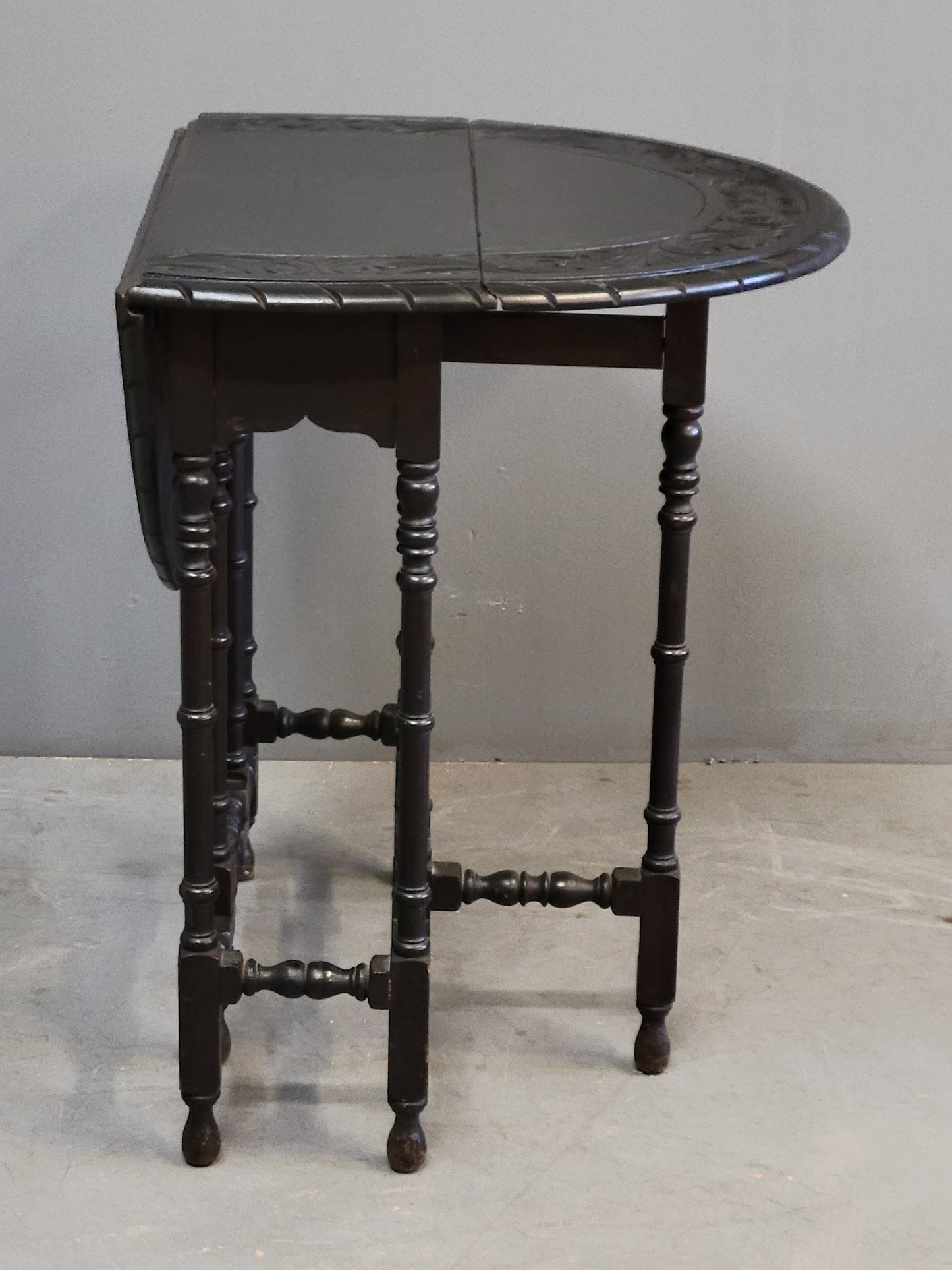 Antique Early 1900s English Ebonized Oak Handcarved Gate Leg Side Table