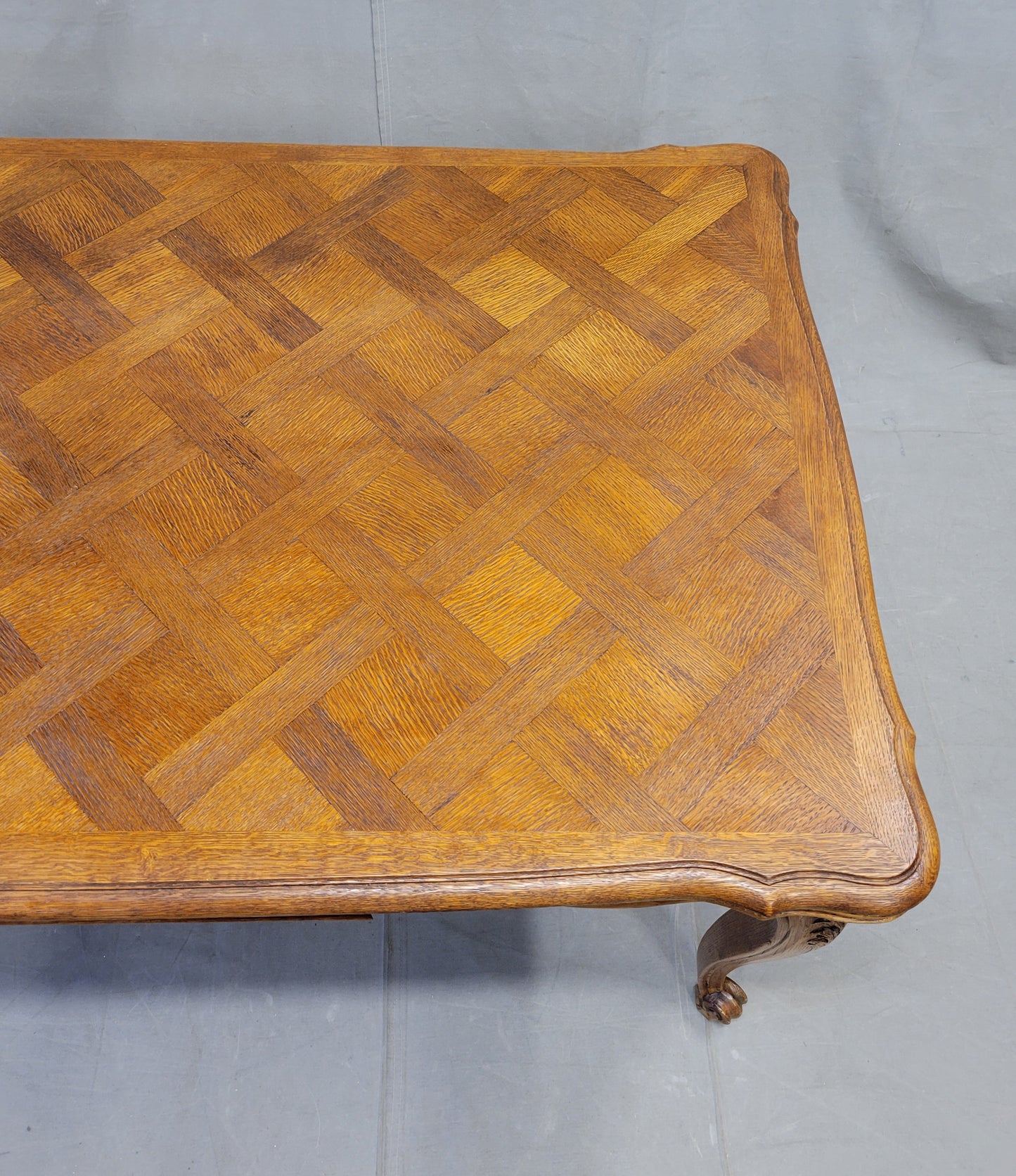 Vintage French Oak Parquet Top Draw Leaf Table