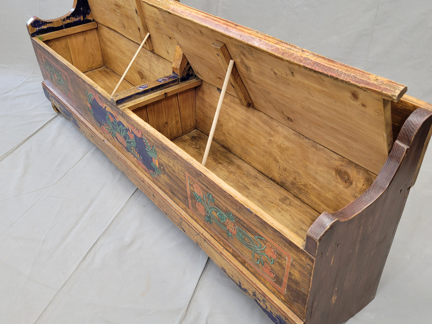 Antique Eastern European Hand Painted Pine Long Storage Bench