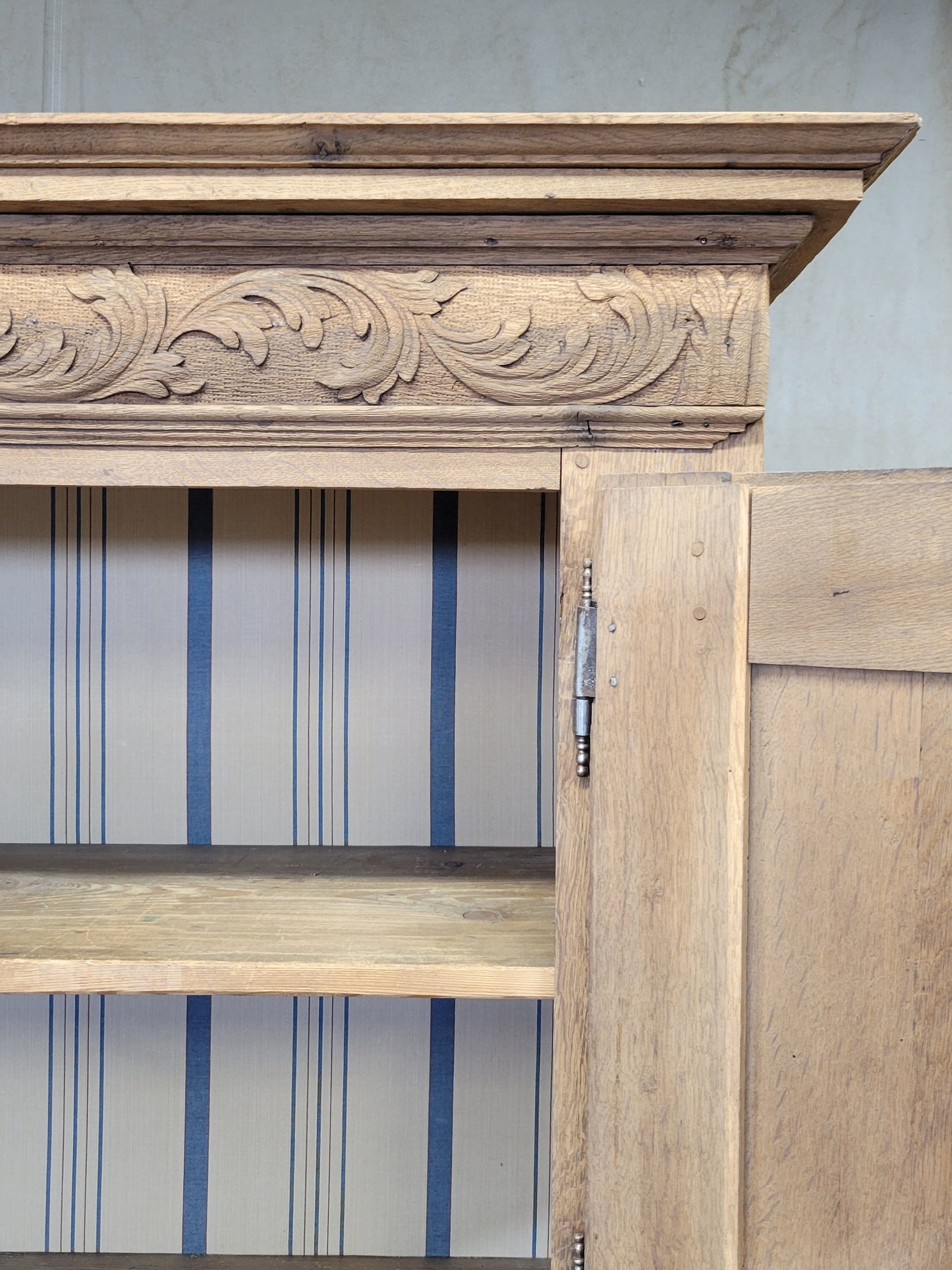 Antique French Bleached Oak and Pine Deux Corps Carved Cupboard With Blue French Ticking Interior