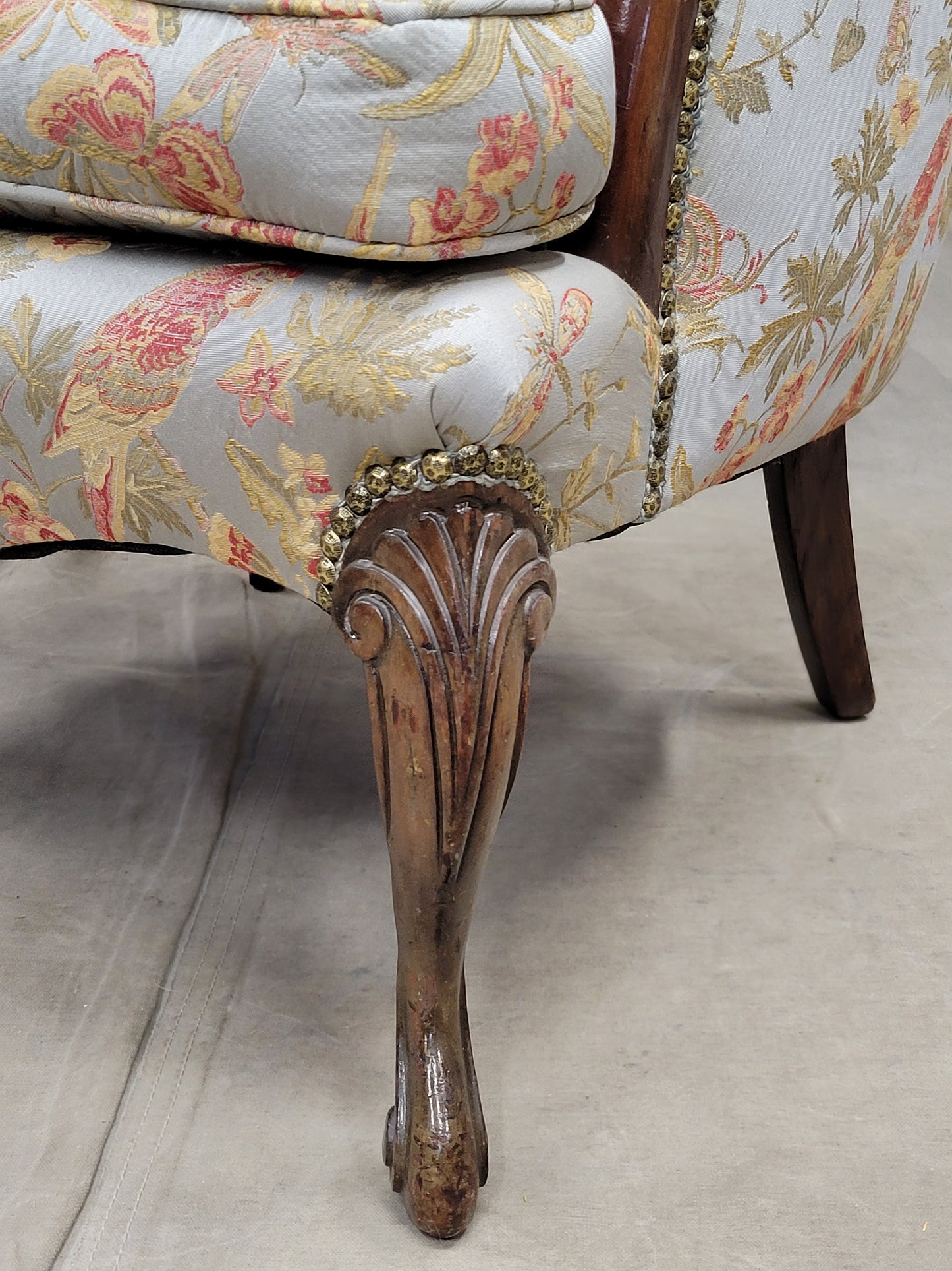 Vintage 1930s Art Deco Fan Back Bergere Chair With Kravet Parrot and Butterfly Damask Fabric