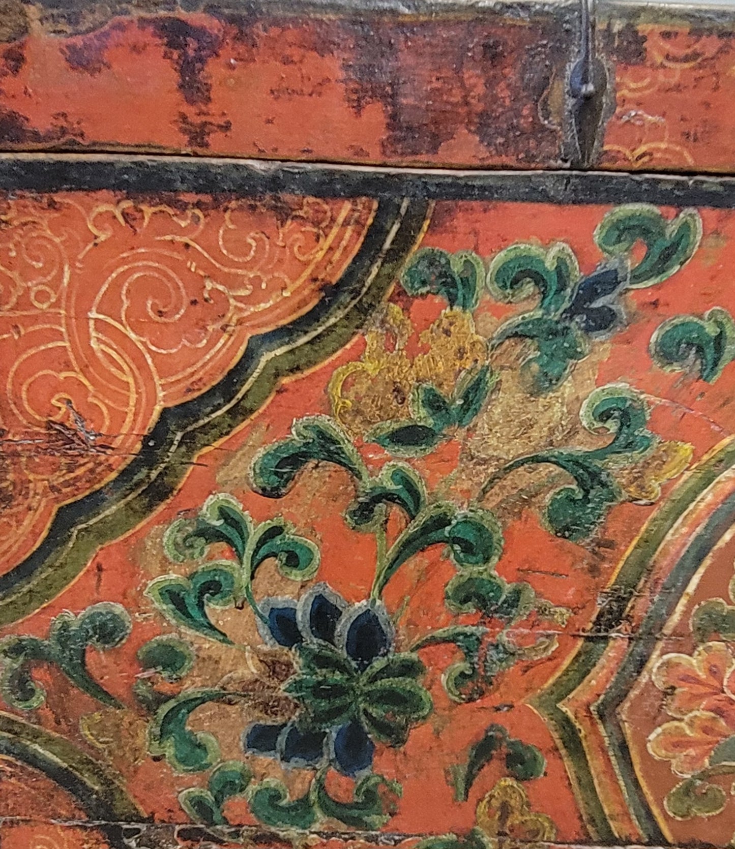 Antique Early 1900s Tibetan Trunk With Original Paint in Flaming Jewel Motif