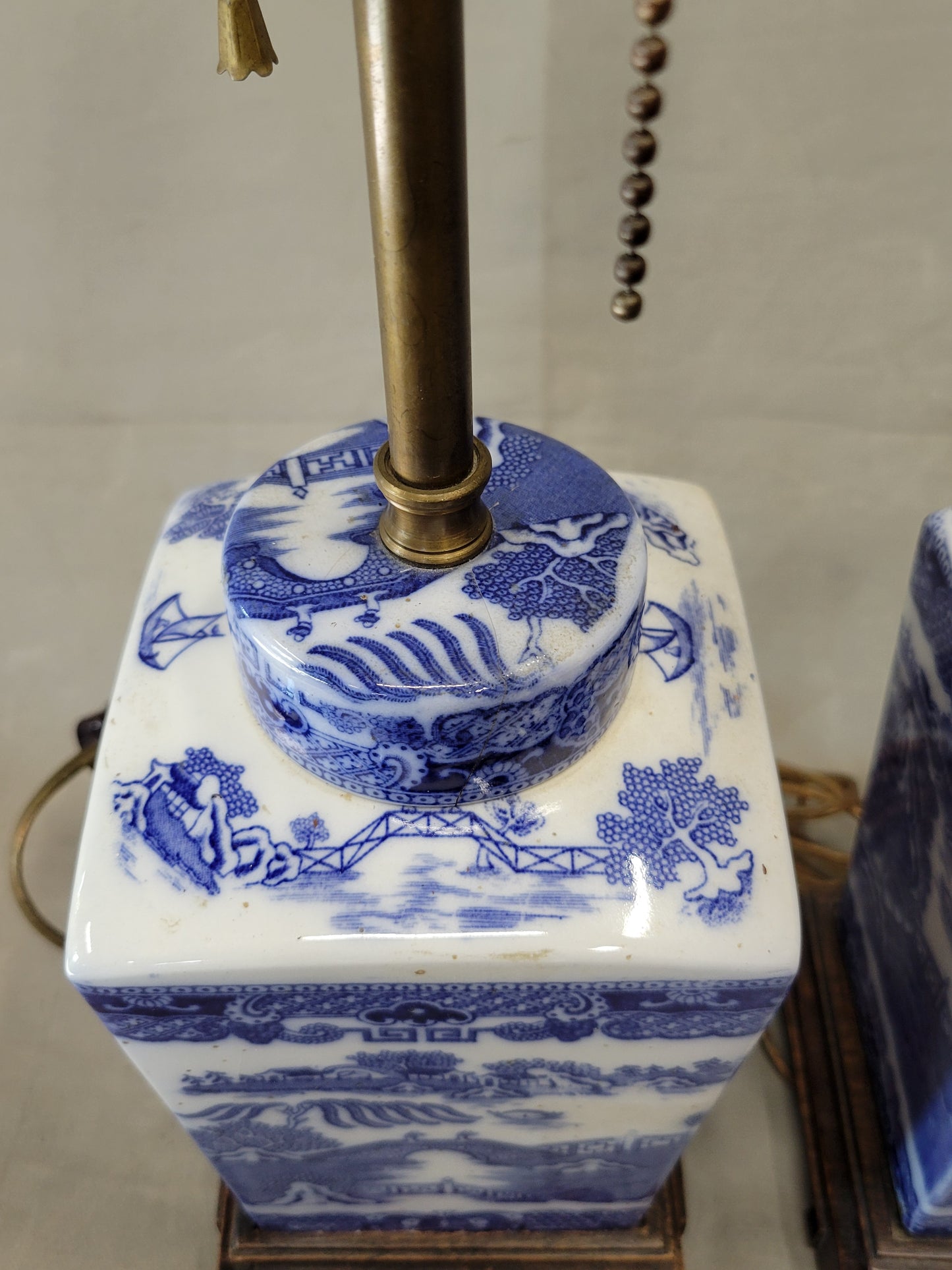 Vintage Blue Willow Lamps With Silk Lampshades - a Pair