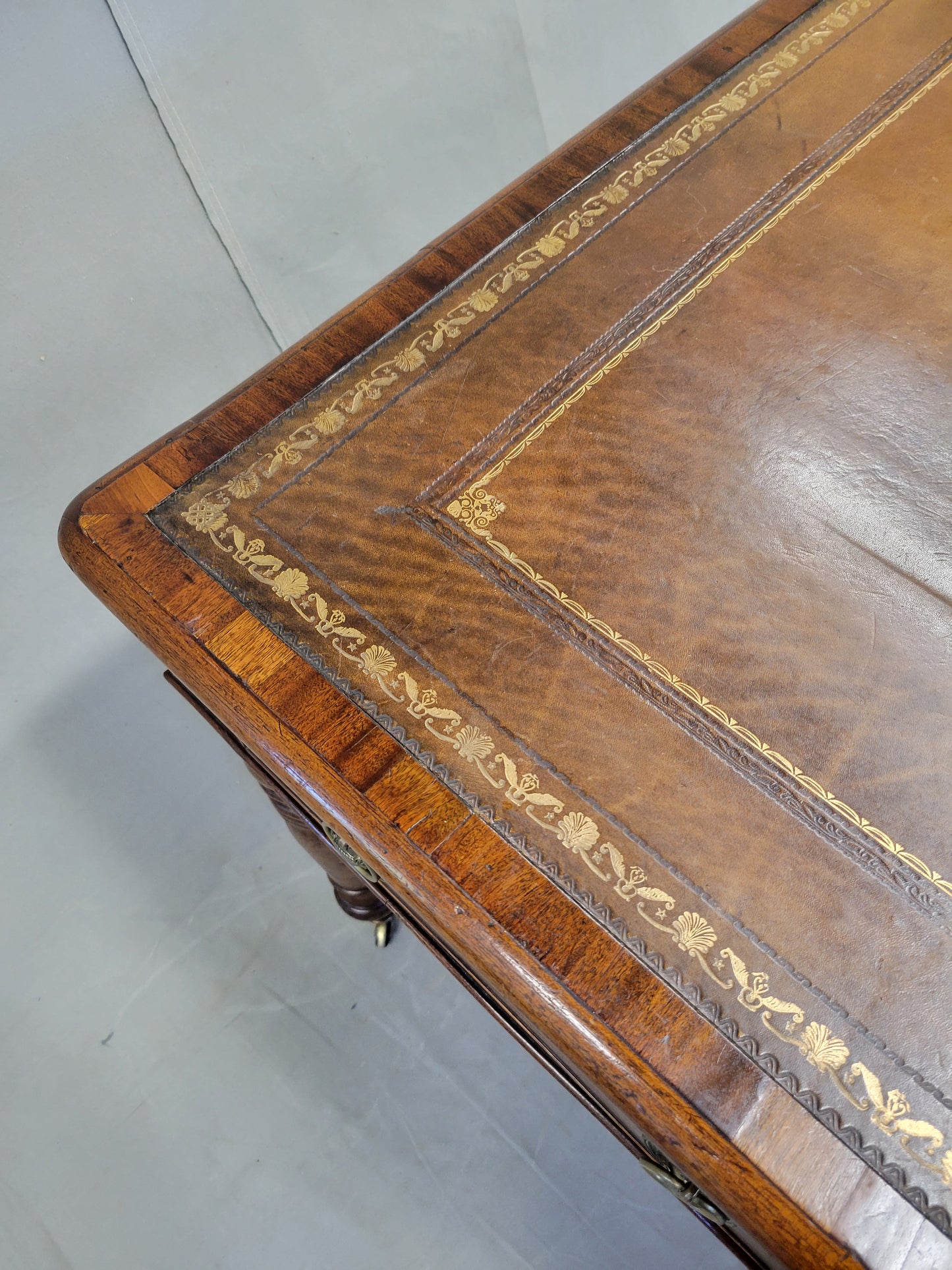 Antique Mid 1800s English Mahogany Partner Desk With Tooled Leather Top