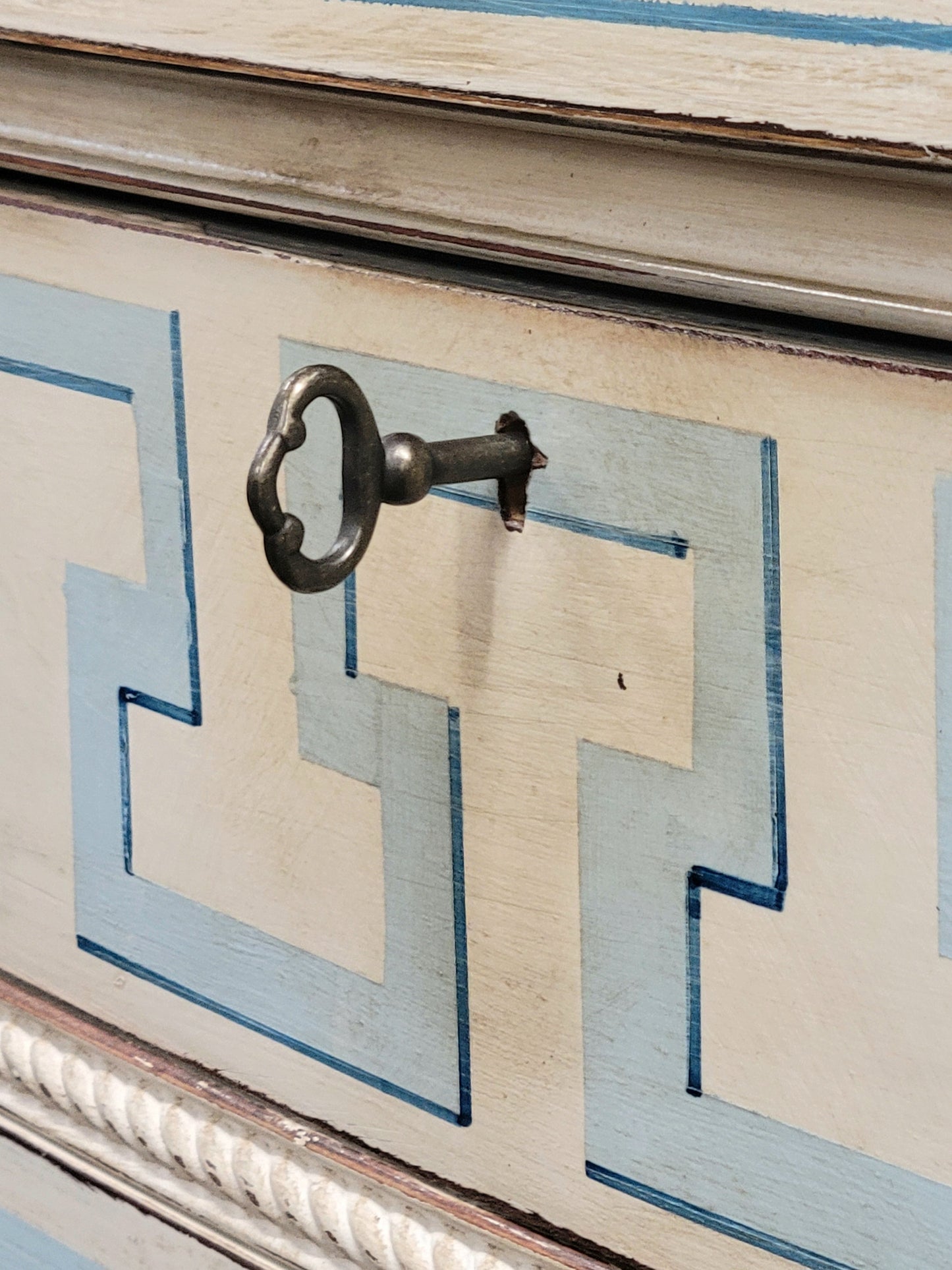 Vintage Painted Blue and White Trompe l'Oeil Bow Front Dresser With Greek Key Motif