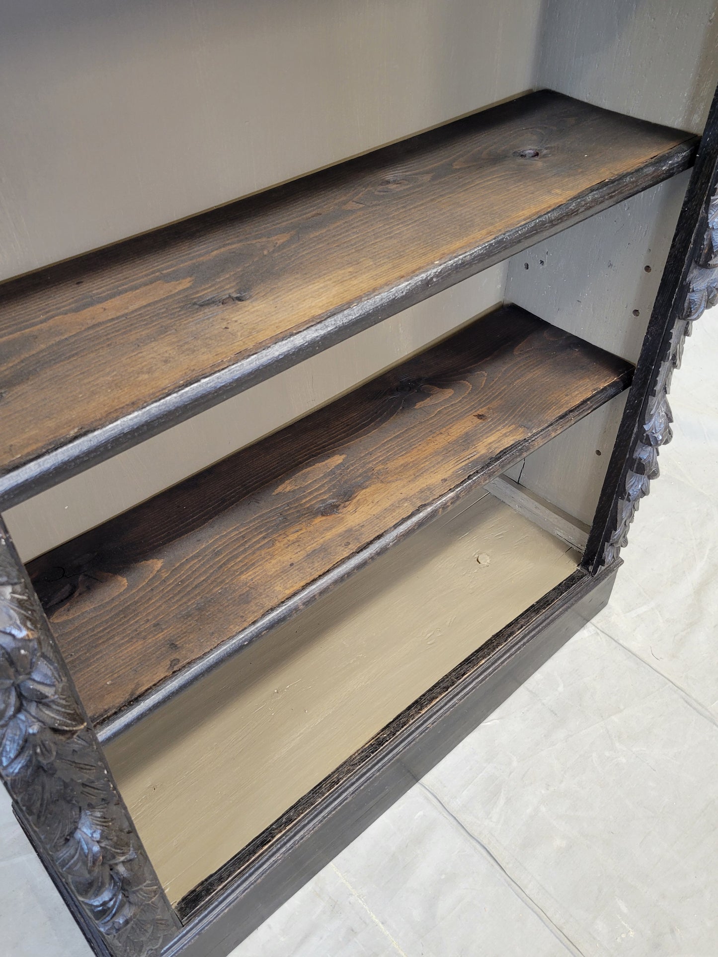 Vintage European Ebonized and Carved Oak Adjustable Shelf Bookcase