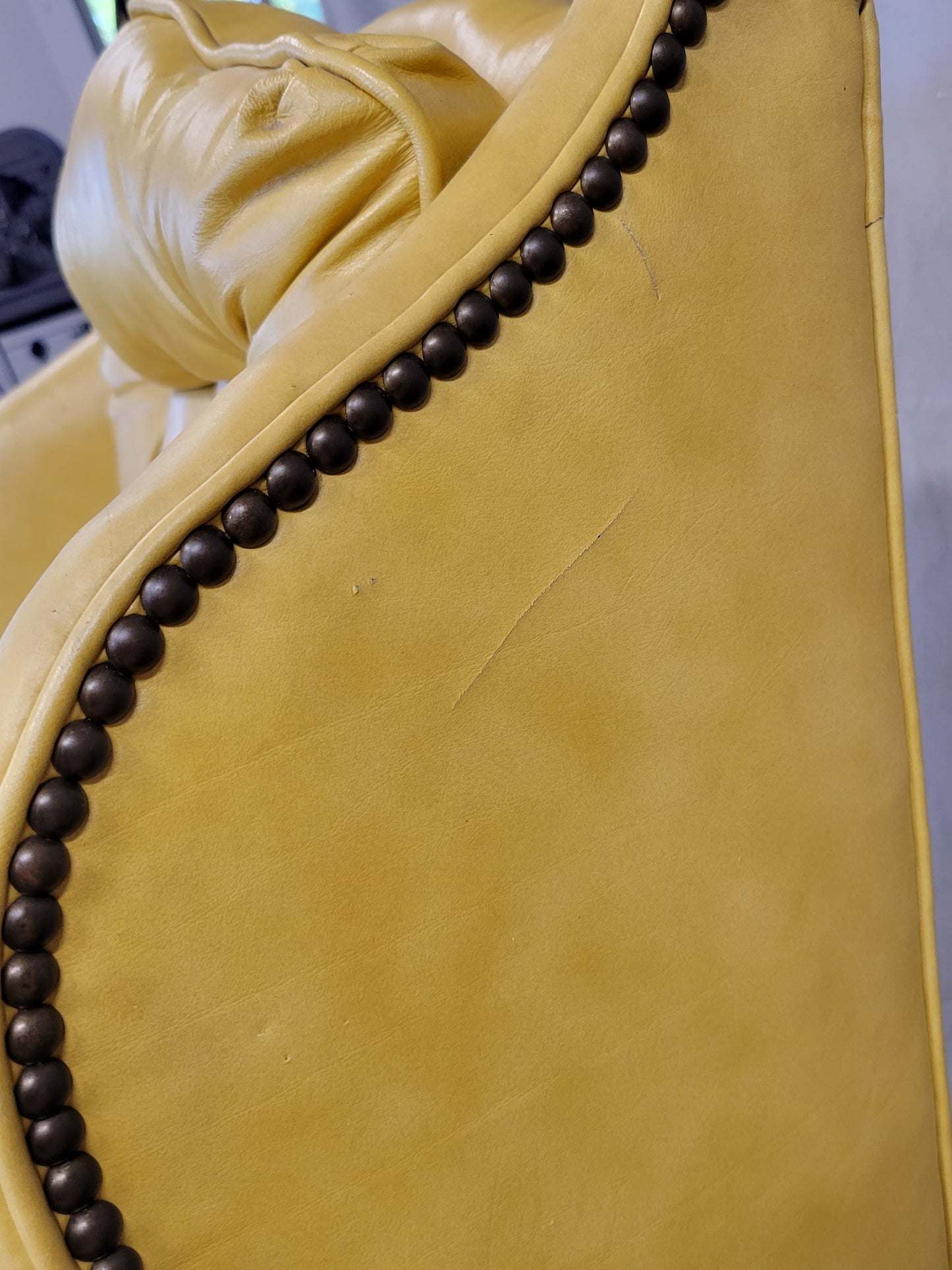Vintage Classic Brand Top Grain Yellow Leather Chesterfield Chairs - a Pair