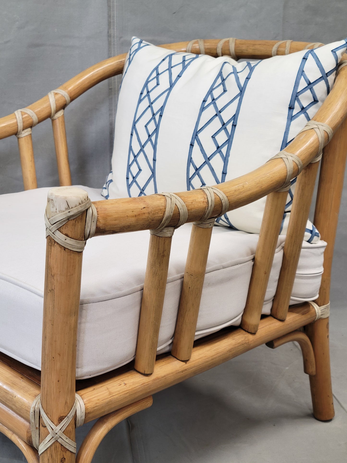 Vintage 1978 McGuire Bamboo Lounge Chairs With Rawhide Binding (Two Sets of Cushions) - a Pair