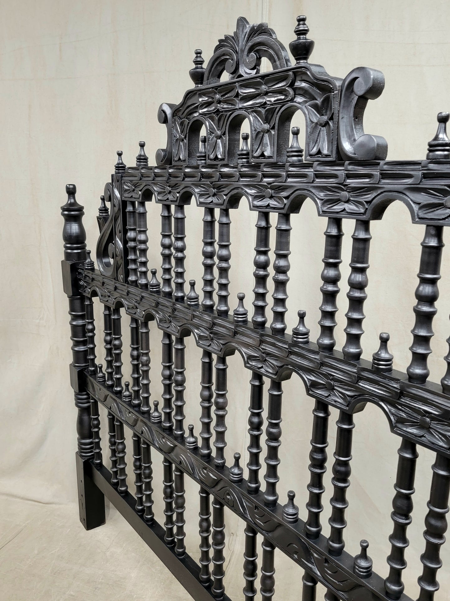 Vintage Spanish Colonial Revival Carved Wood "Pagoda" King Size Headboard