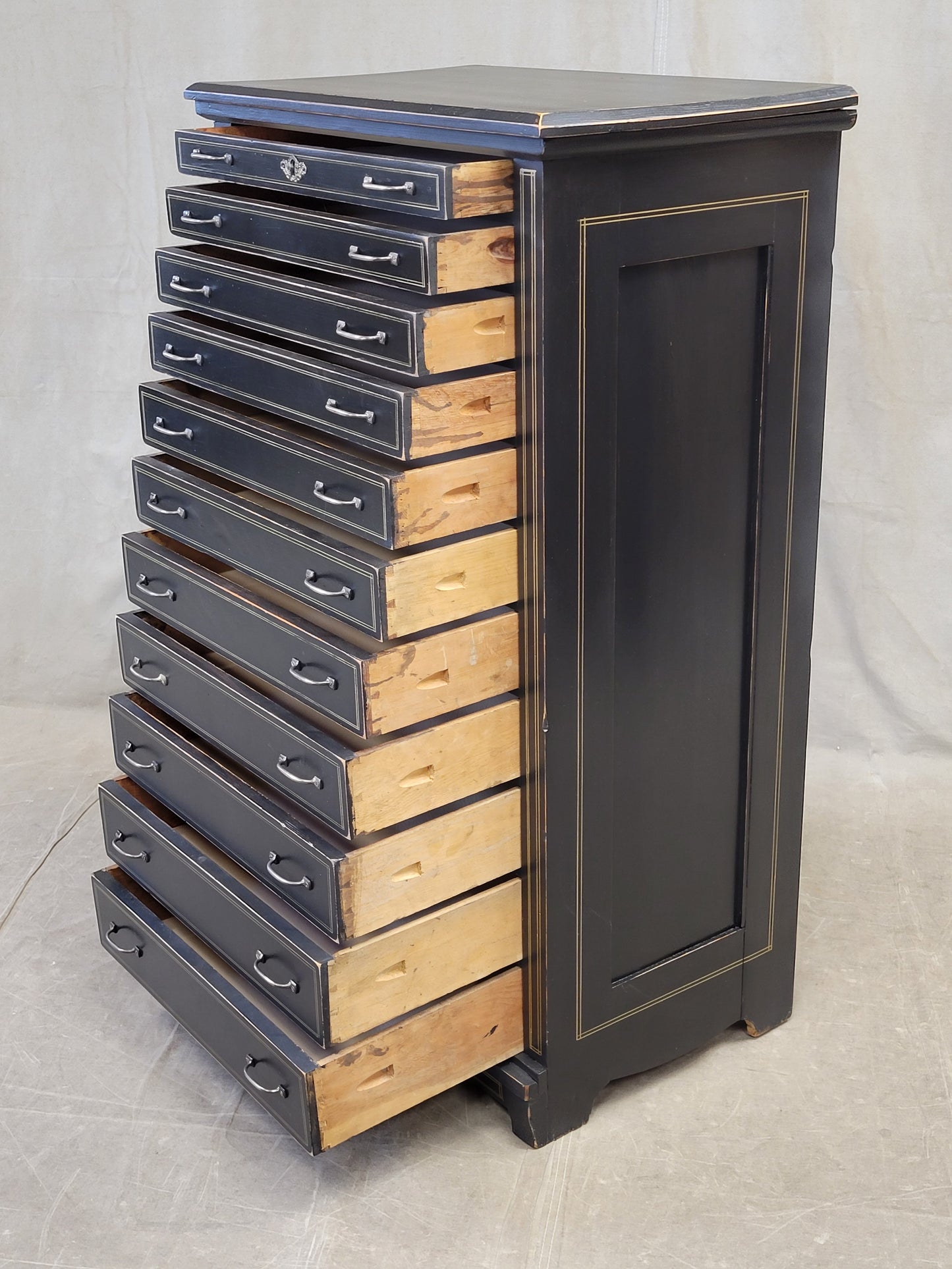 Antique Black Painted Pine 11 Drawer Lingerie Chest With Gold French Lines