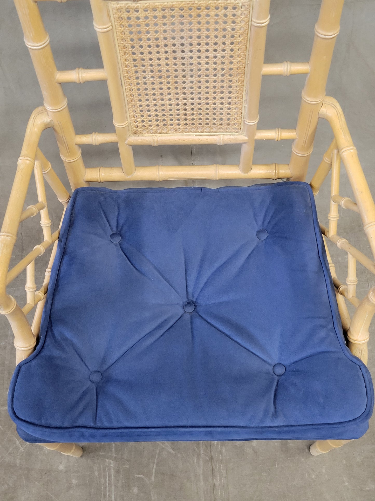 Vintage Faux Bamboo Chairs With Blue Cushions - a Pair