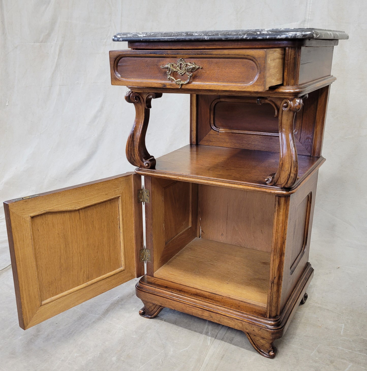 Antique Austrian Walnut and Black Marble Top Nightstands - a Pair