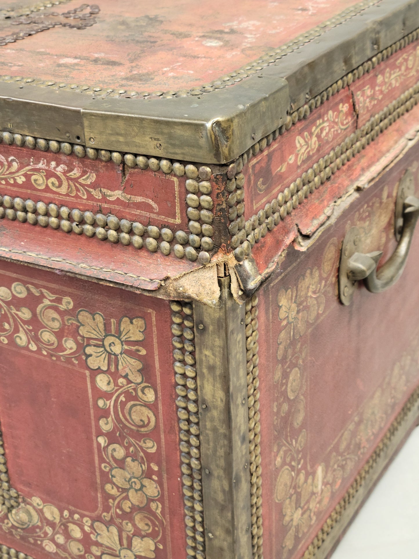 Antique Red Leather, Brass and Camphor Wood Chinese Export Trunk