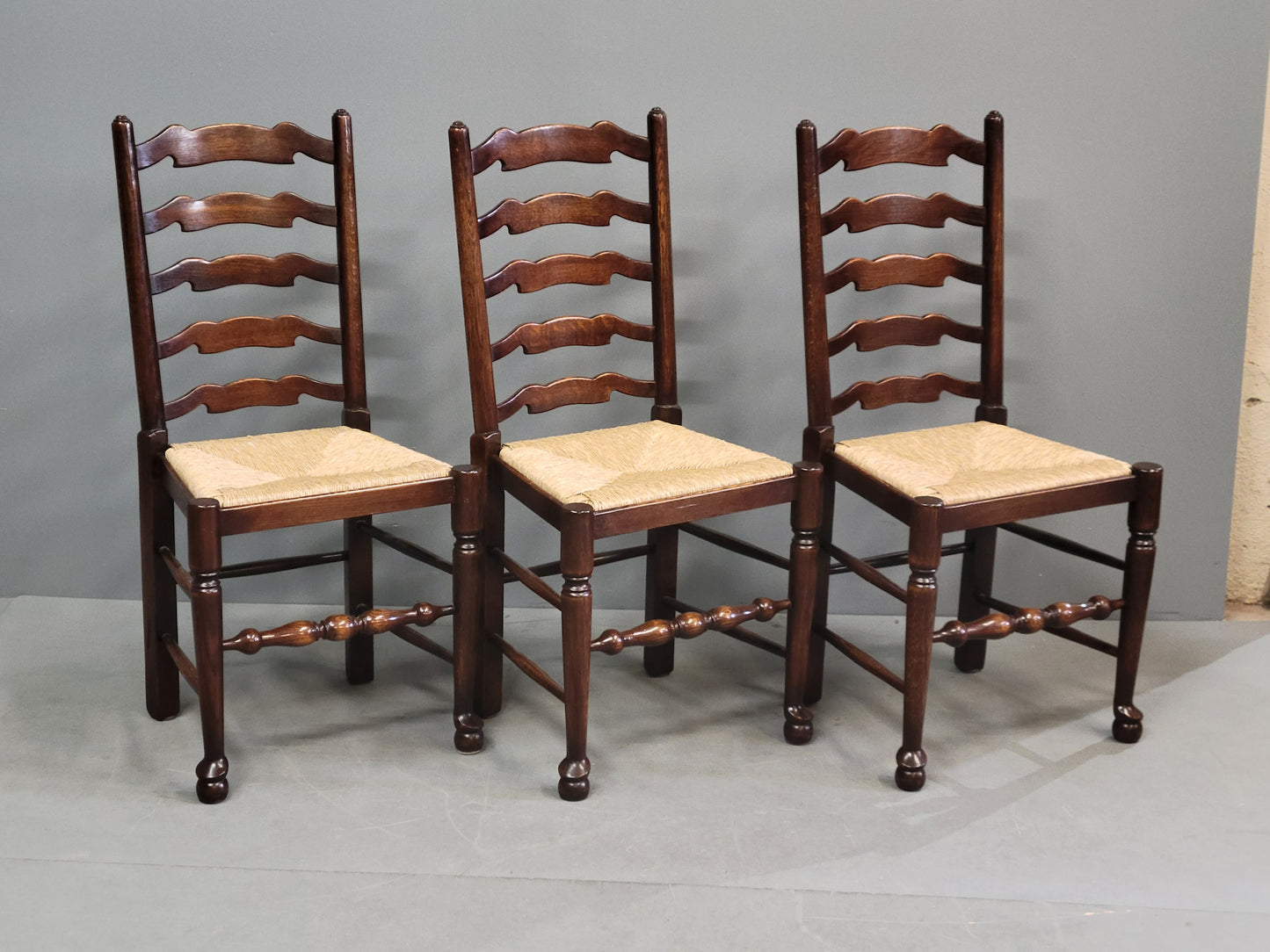 Vintage English Oak Ladderback Chairs With Rush Seats - Set of 8