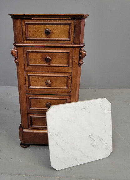 Antique 1860s English Mahogany and Carrera Marble Nightstand/Pot Cupboard With Drawers