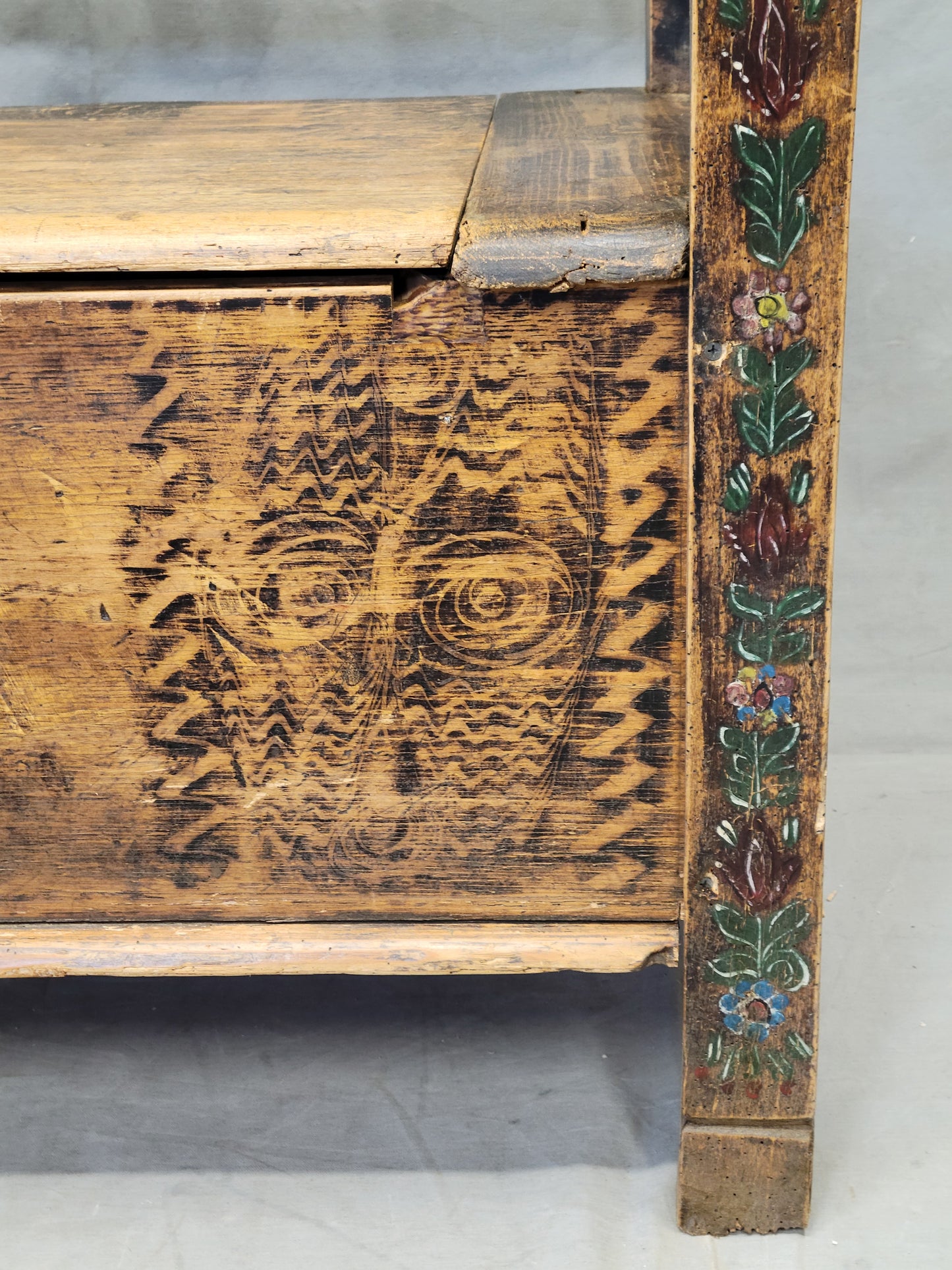 Antique 1926 Pine Eastern European Storage Bench with Original Paint