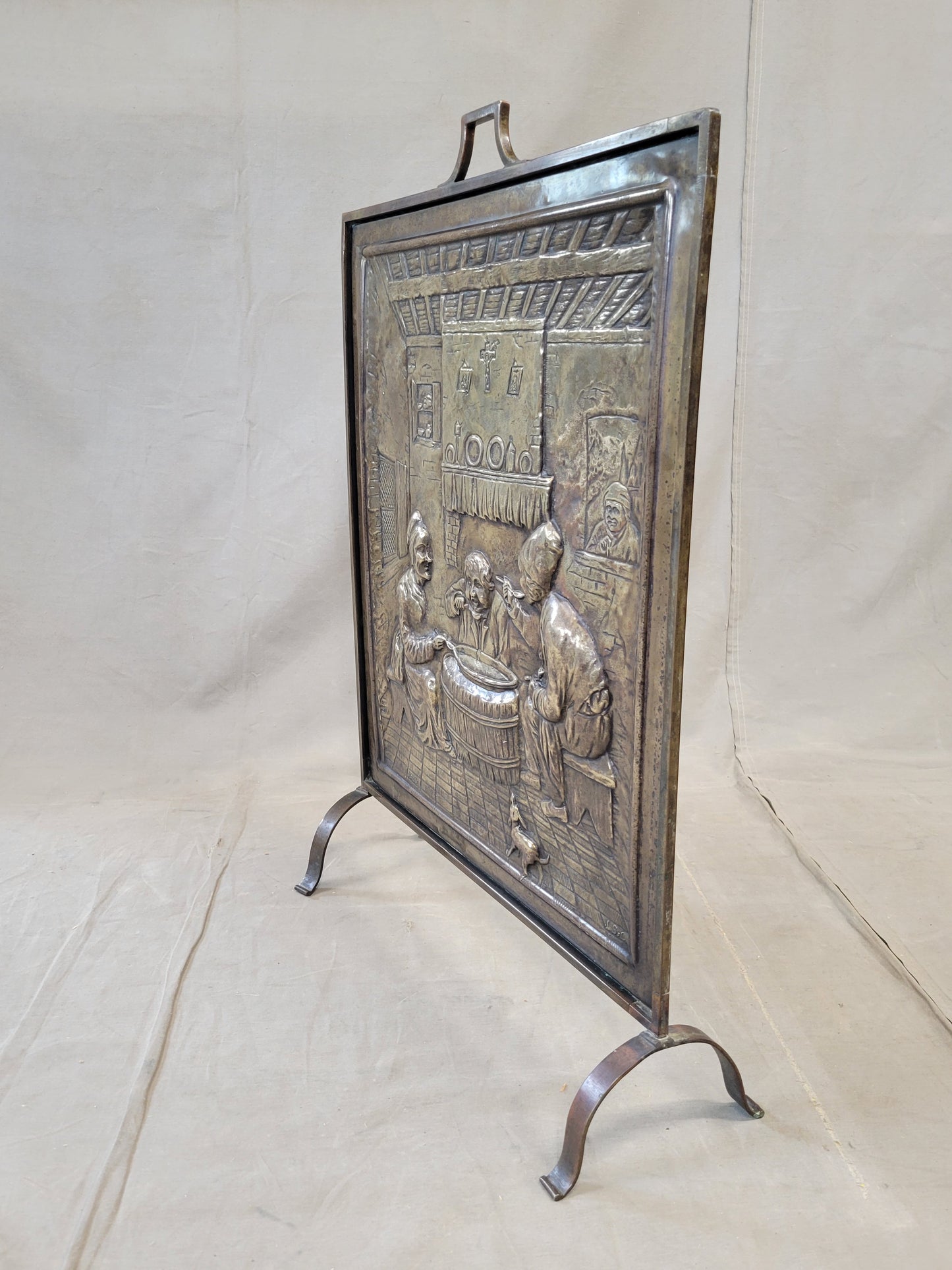 Antique French or Belgian Stamped Brass Fireplace Screen of Interior Scene