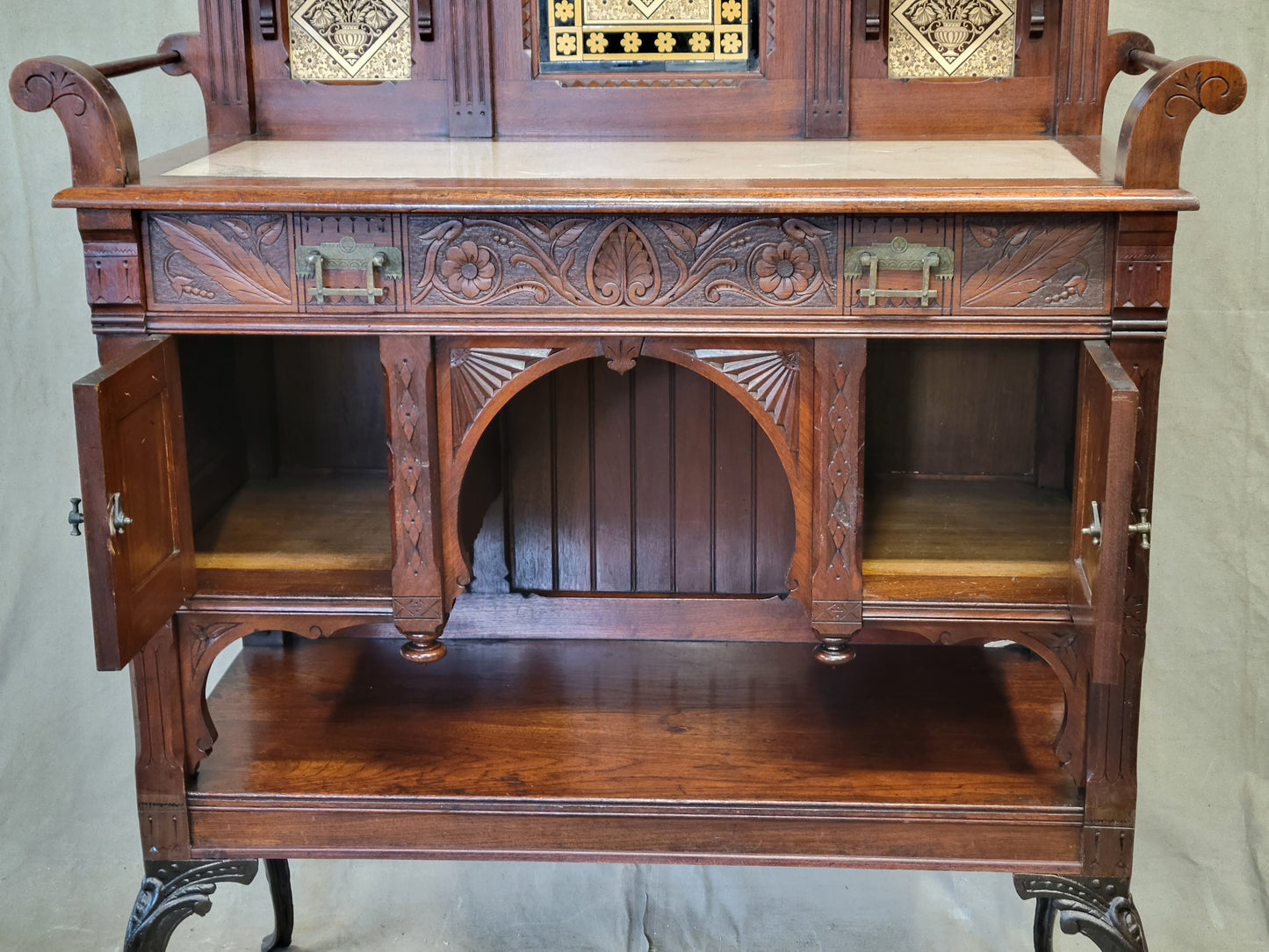 Antique English Aesthetic Movement Walnut, Marble and Minton Tile Sideboard