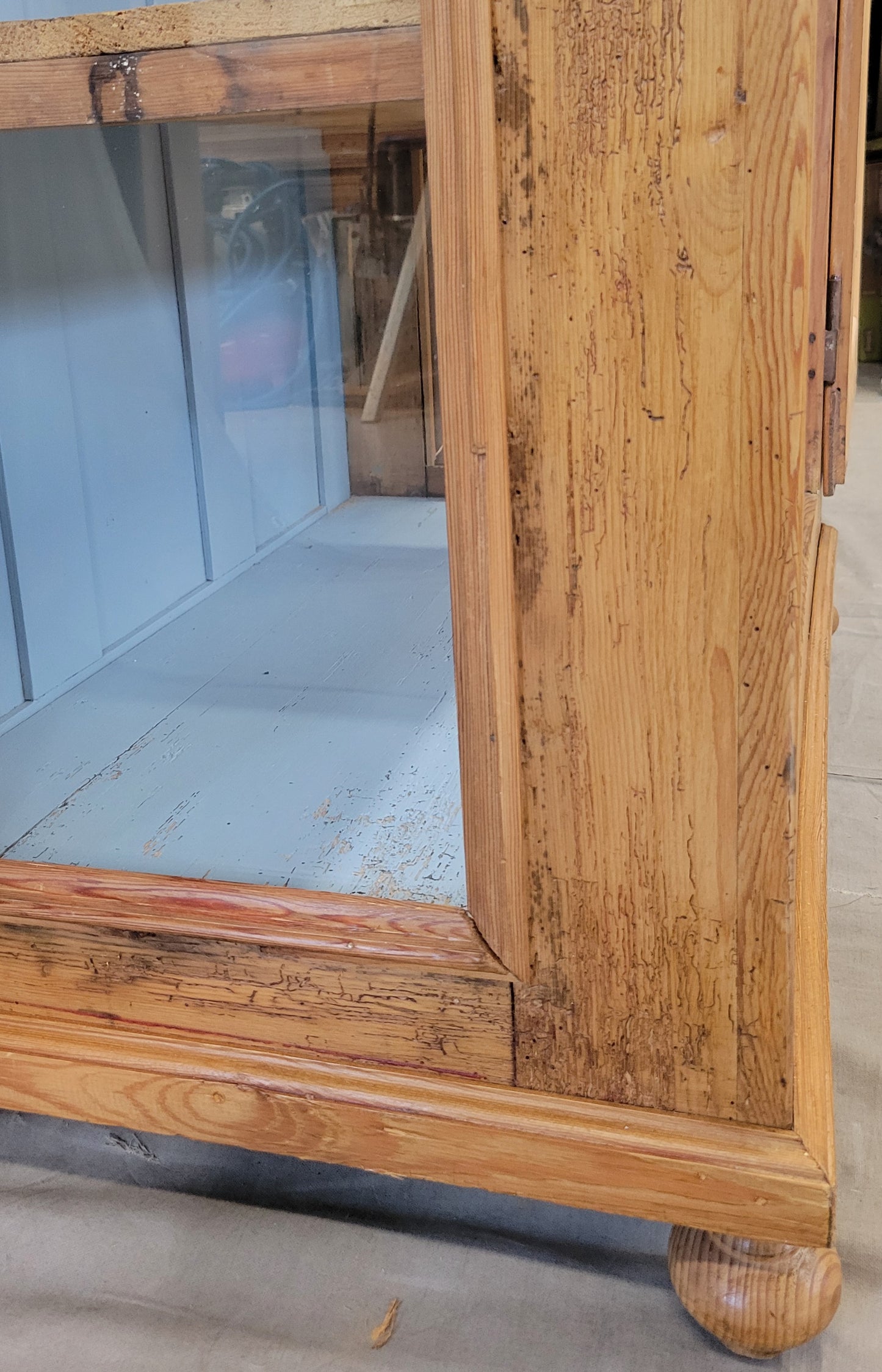 Antique German Pine Display Cabinet With Painted Blue Interior
