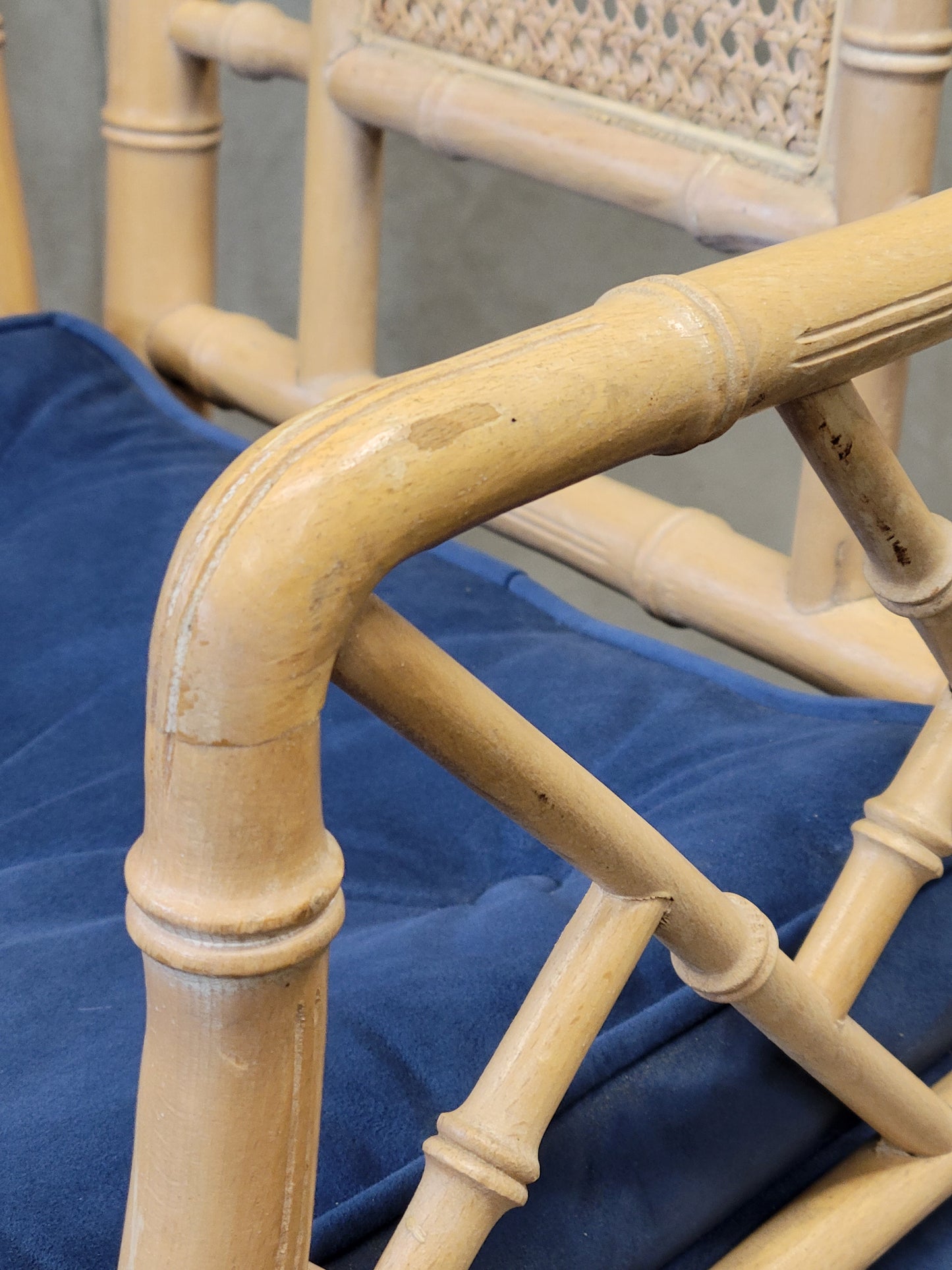 Vintage Faux Bamboo Chairs With Blue Cushions - a Pair