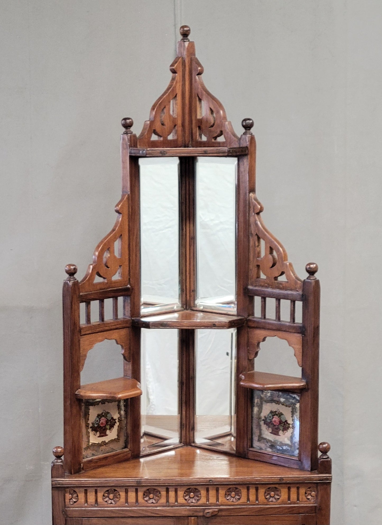 Antique British Colonial Corner Shelf Cabinet With Tiles