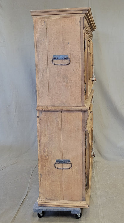 Antique French Bleached Oak and Pine Deux Corps Carved Cupboard With Blue French Ticking Interior