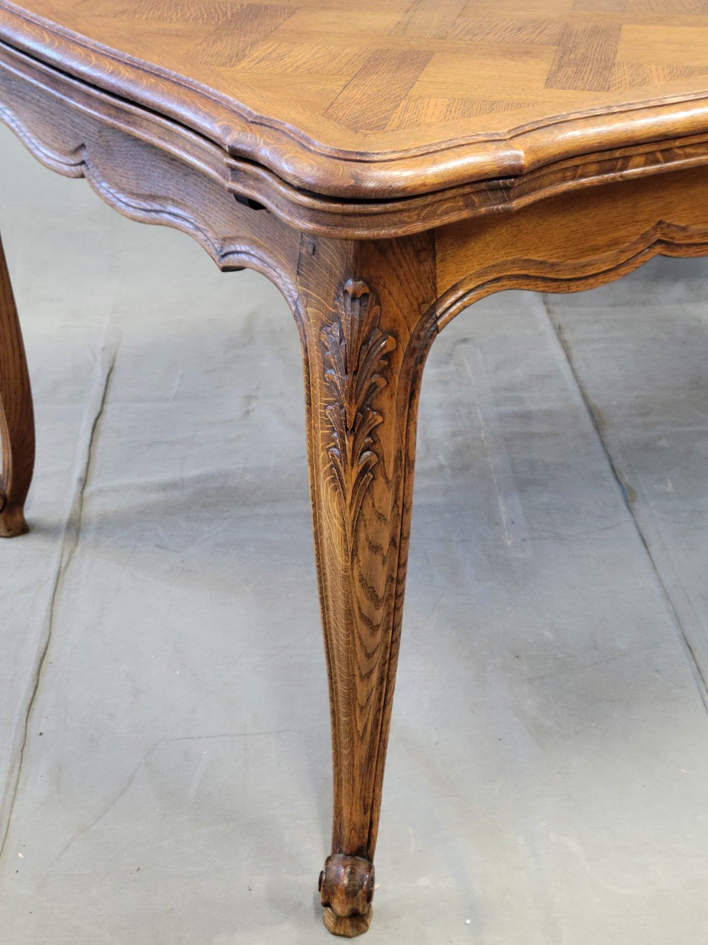 Vintage French Oak Parquet Top Draw Leaf Table