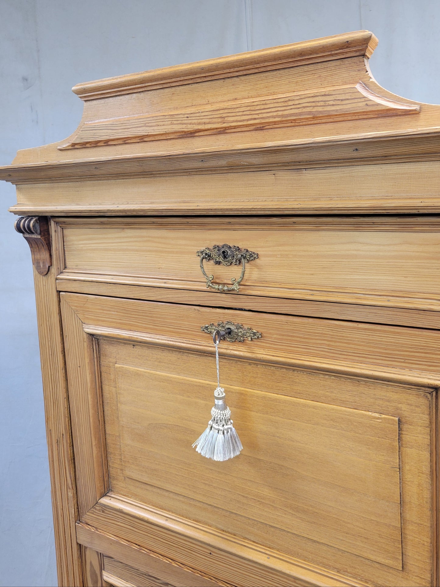 Antique Danish Biedermeier Pine Secretary Desk With Blue Leather