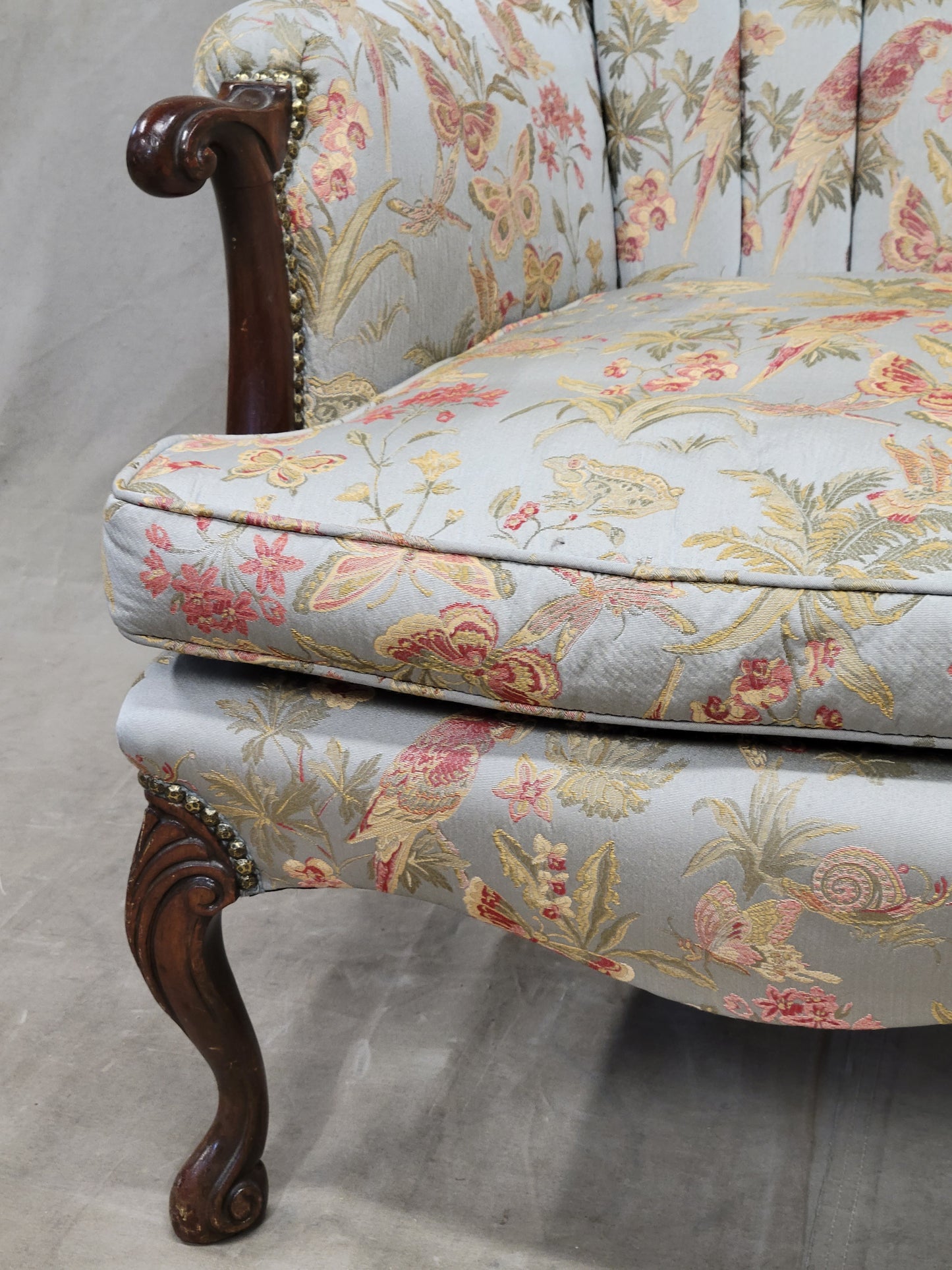 Vintage 1930s Art Deco Fan Back Bergere Chair With Kravet Parrot and Butterfly Damask Fabric