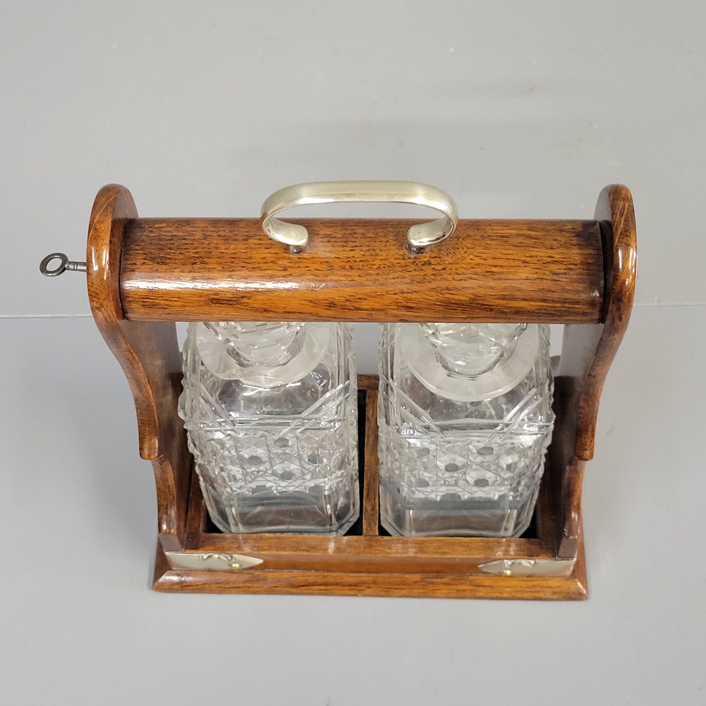 Antique Circa 1900 English Two Bottle Cut Crystal and Oak Tantalus