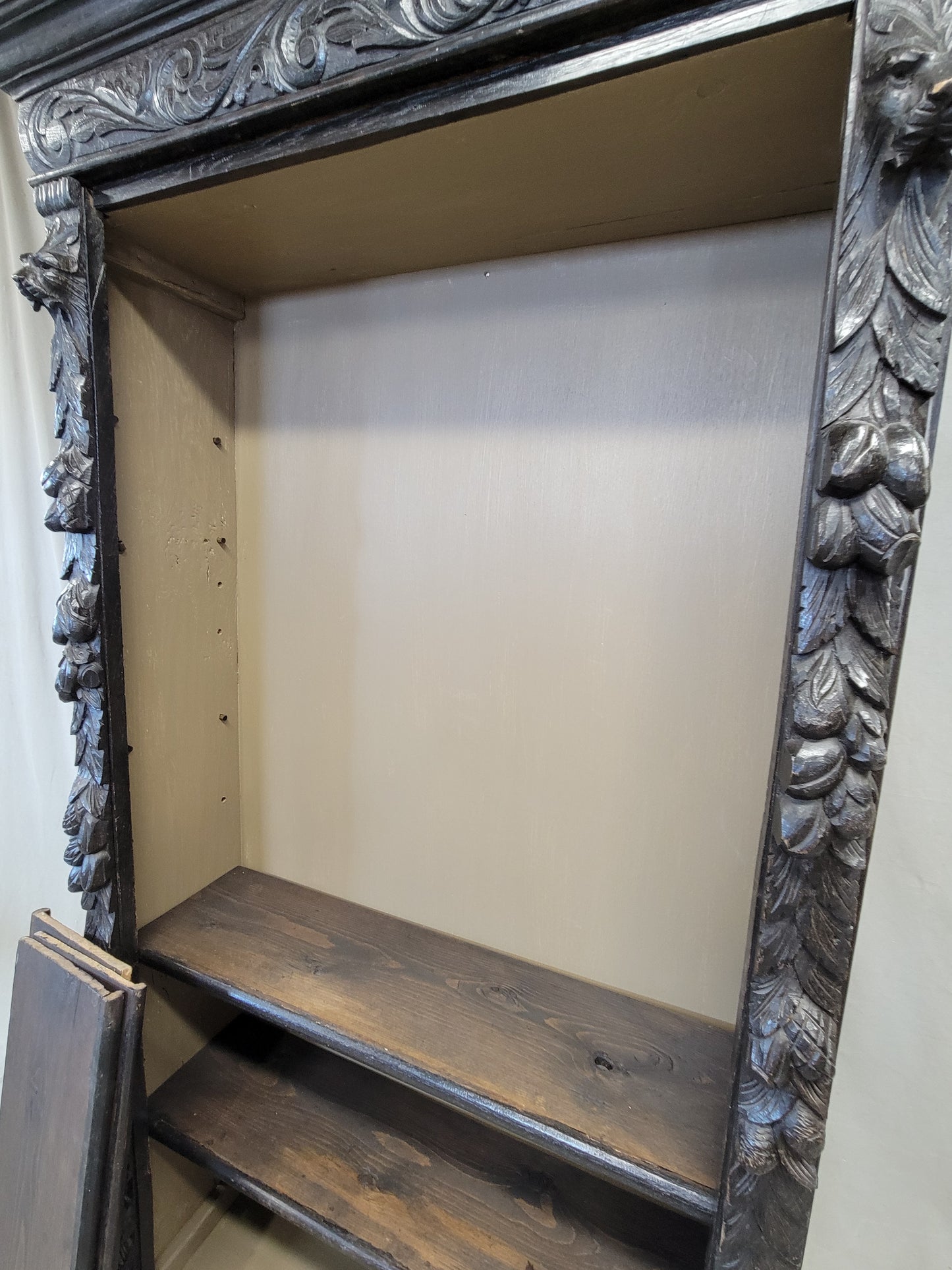 Vintage European Ebonized and Carved Oak Adjustable Shelf Bookcase