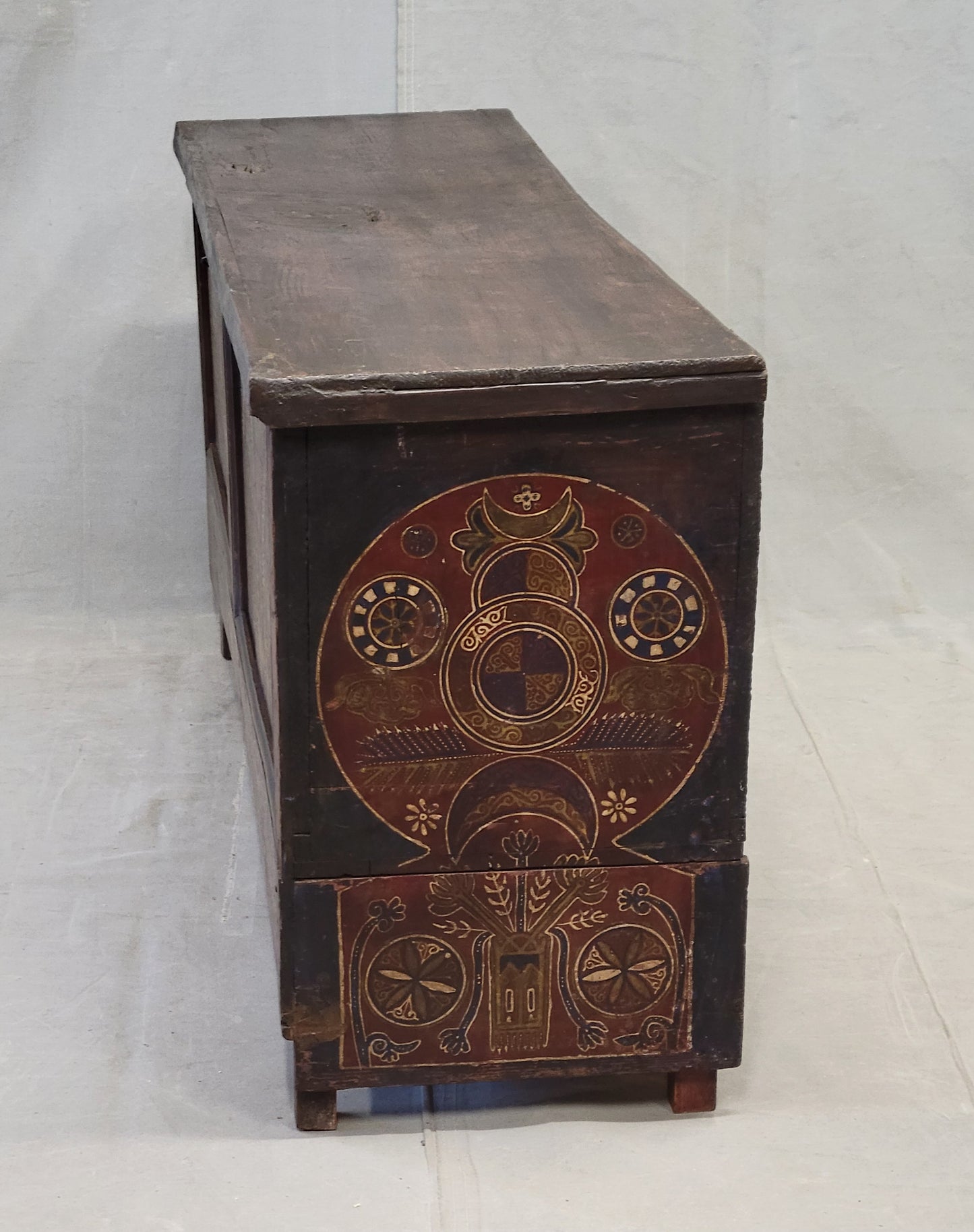 Vintage Berber Moroccan Trunk With Handpainted Arched Designwork, Signed