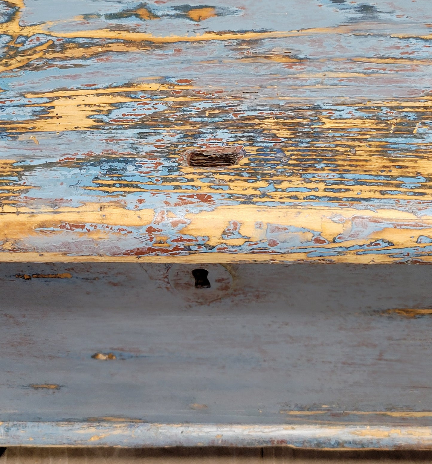 Antique Pine Hungarian Storage Bench With Old Blue Paint