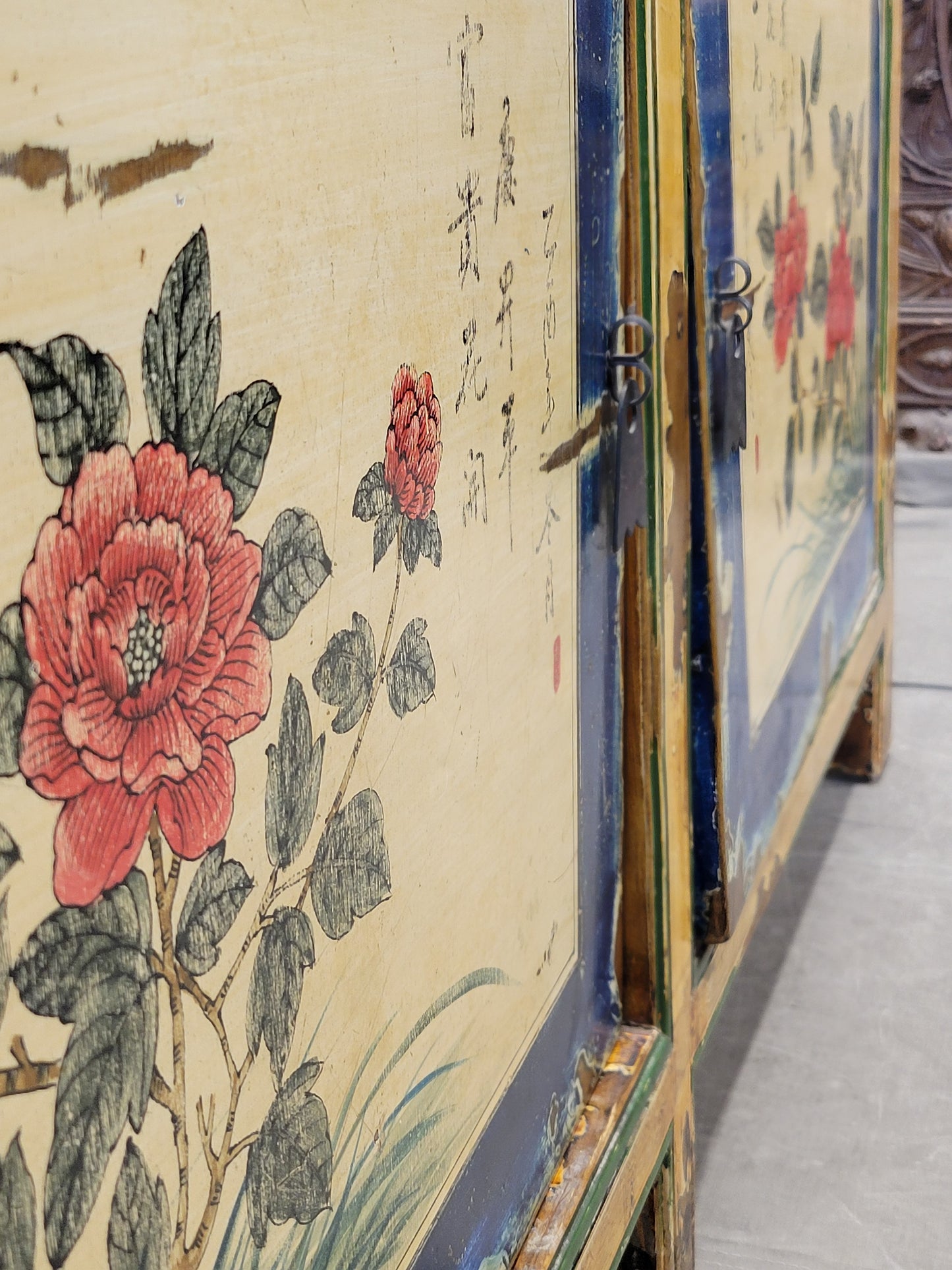 Vintage Chinese Distressed Lacquer Storage Cabinet Console With Floral Motif