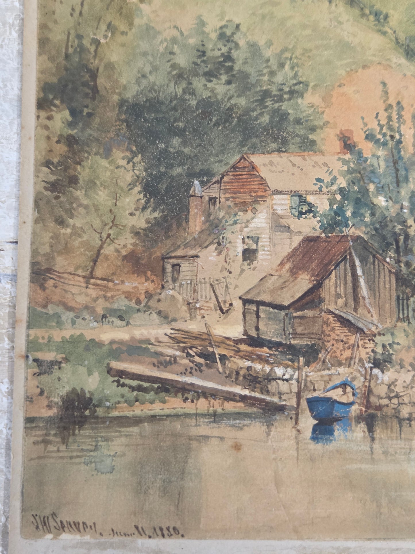 Landscape Scene with House and Mill, Watercolor, J.W. Spaveil June 11 1886