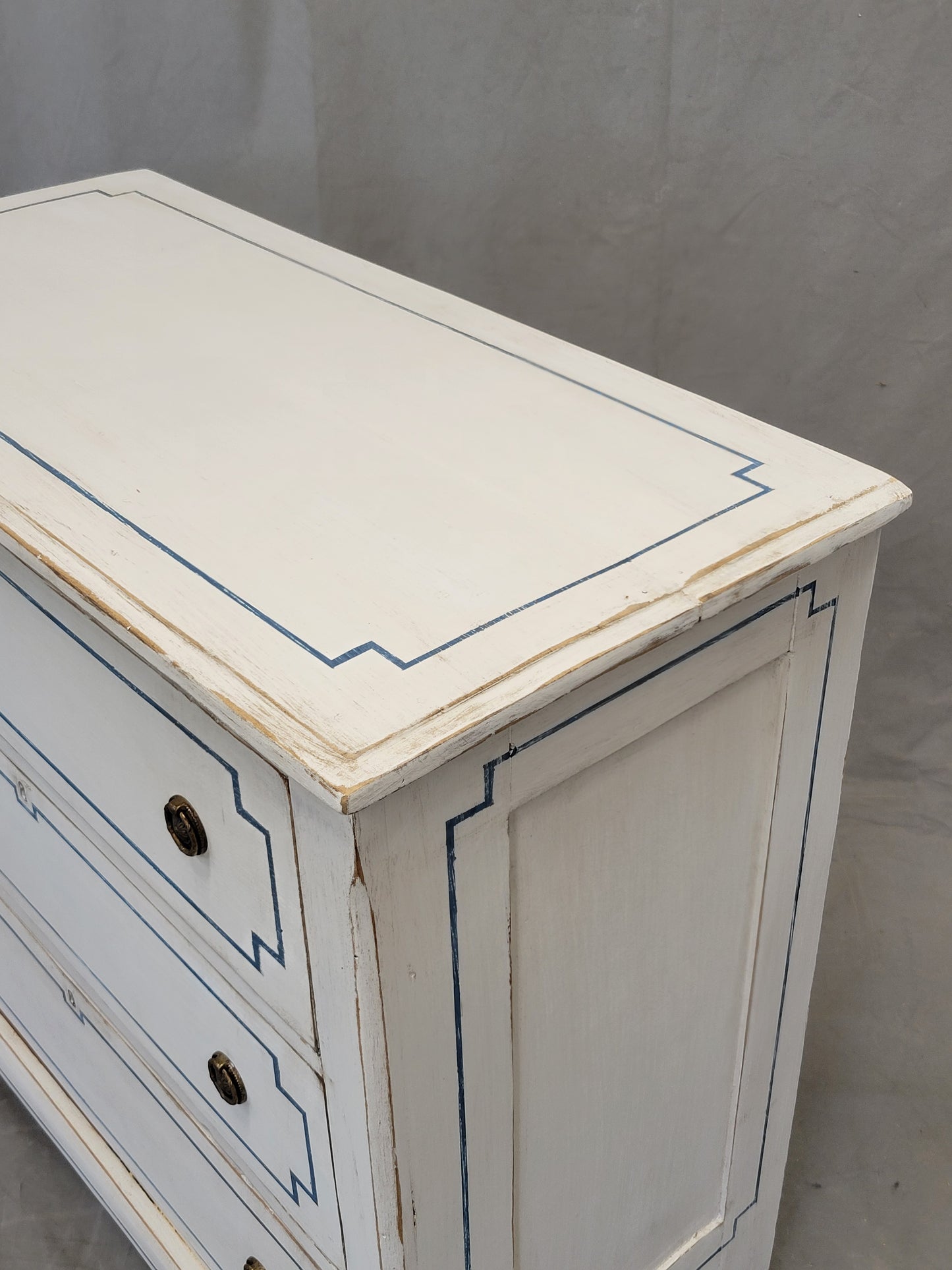 Pair of Antique 19th Century Pine Painted White Dressers With Blue French Line Motif