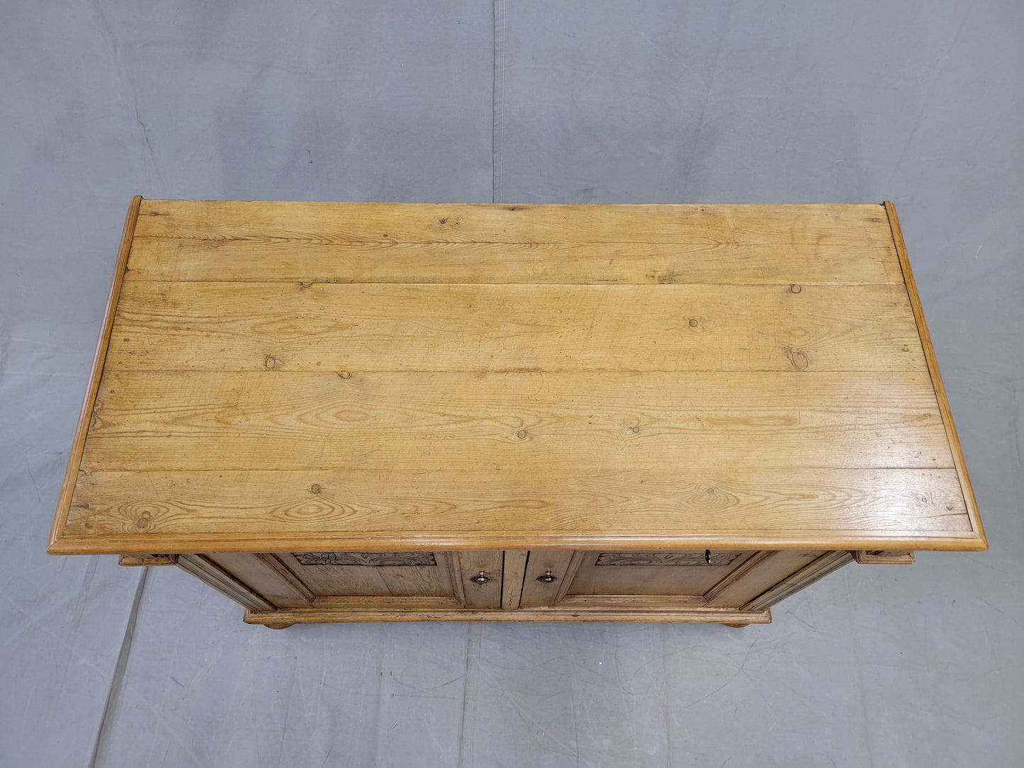 Antique Early 1900s German Pine Sideboard Buffet With Painted Carving