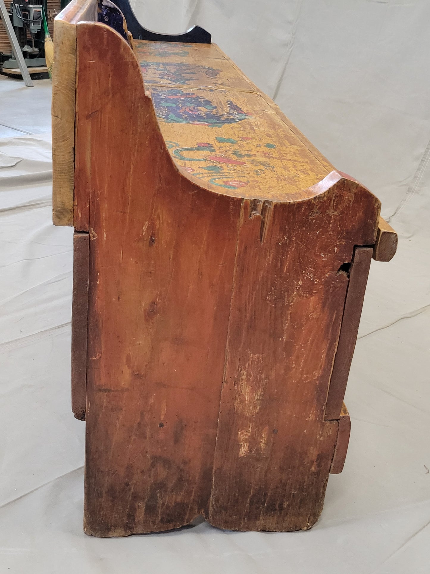 Antique Eastern European Hand Painted Pine Long Storage Bench