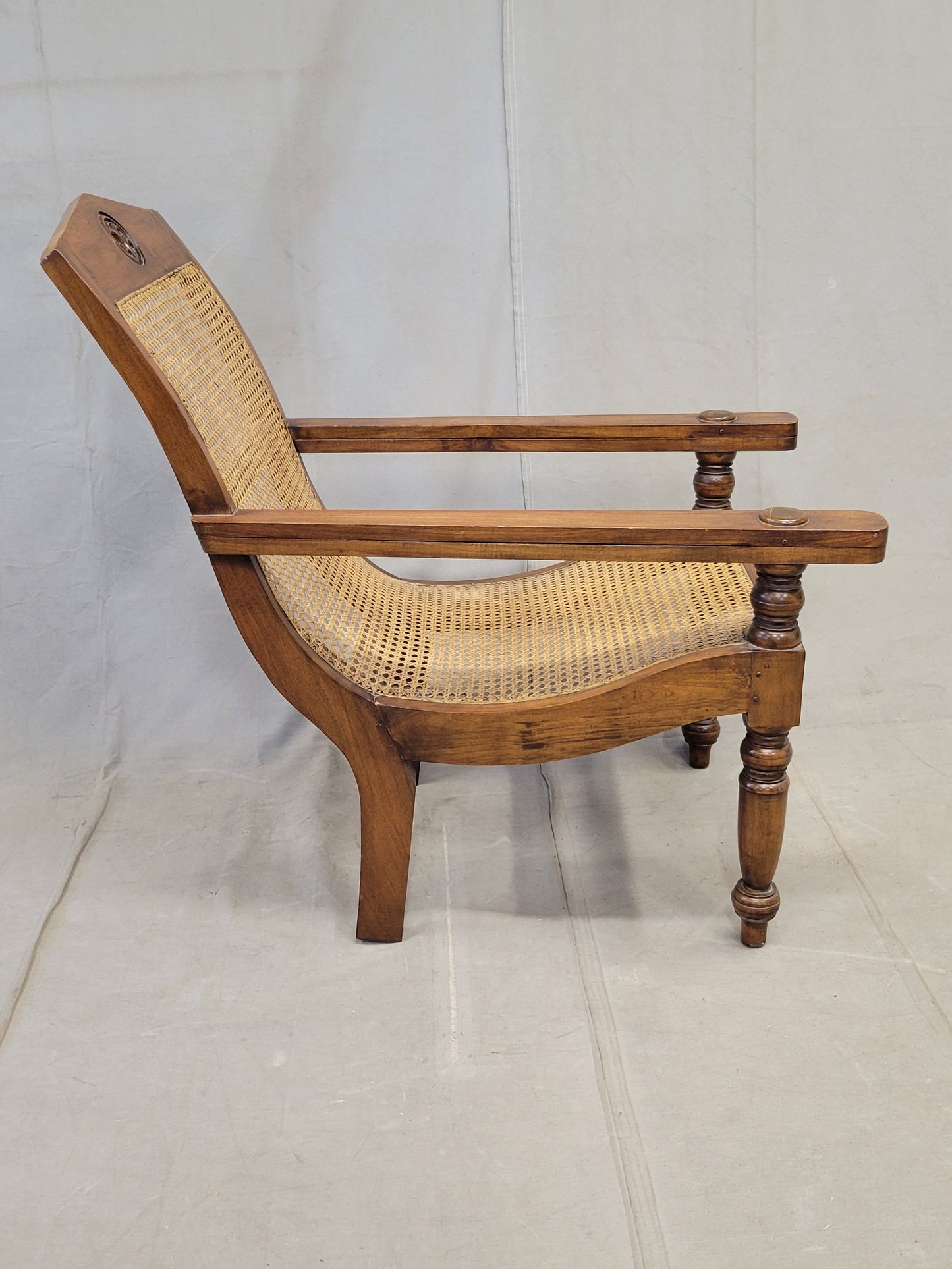 Vintage Bauer International Teak Caned Plantation Chair With Extension Armrests