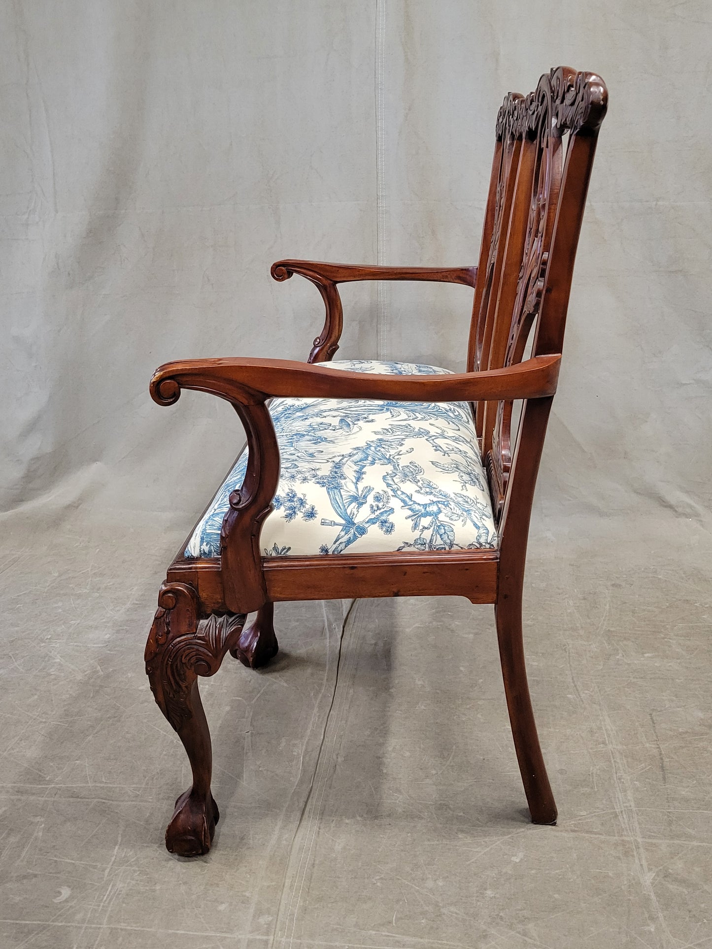 Vintage Mahogany Chippendale Bench With Schumacher Chinoiserie Upholstery