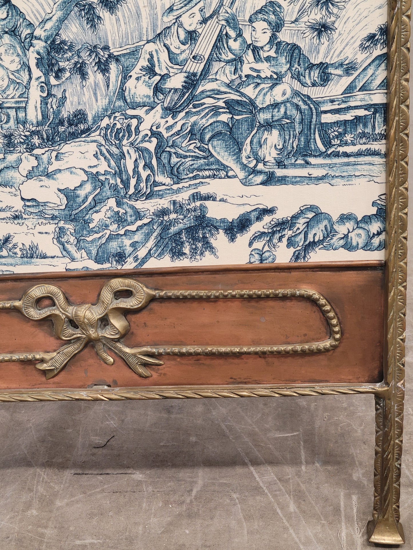 Antique 1920s Copper and Brass Firescreen With Schumacher Blue and White Asian Toile Inset