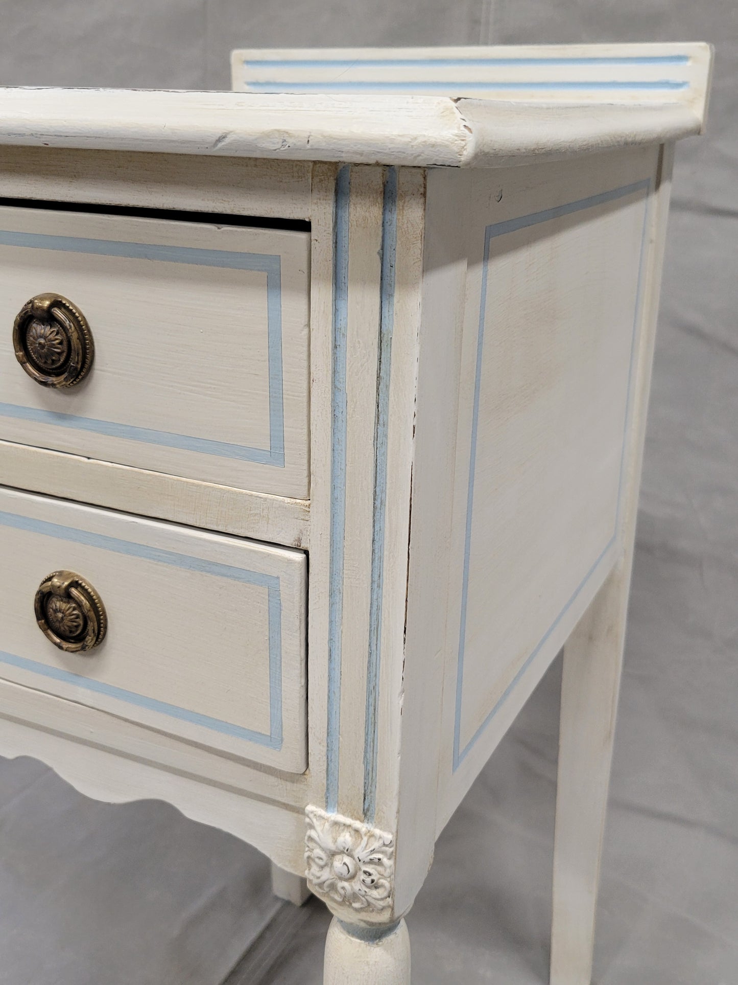 Vintage White Nightstands With Blue Striping - a Pair