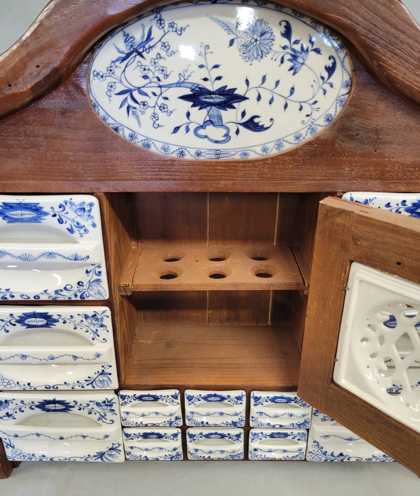 Vintage Dutch Spice Cabinet With 'Blue Onion' Ceramic Inserts