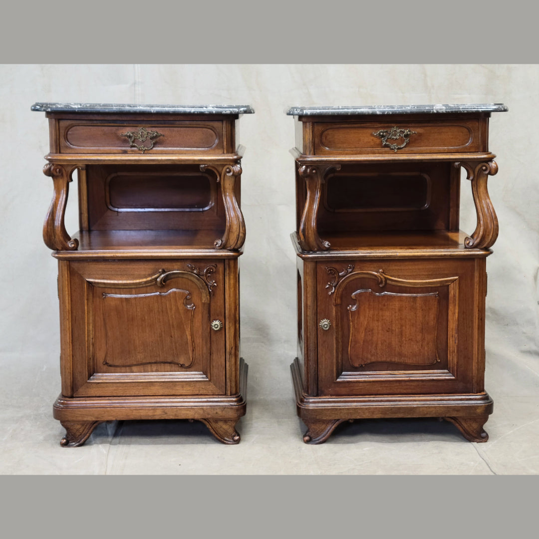 Antique Austrian Walnut and Black Marble Top Nightstands - a Pair