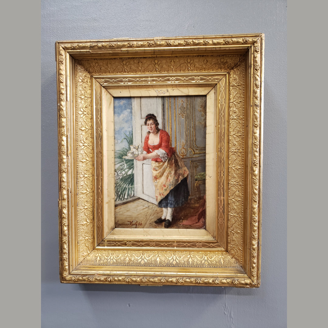 Late 19th Century Hermann Koch, "Woman With Tray" Figurative Oil Painting, Framed