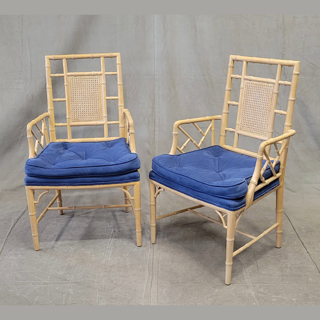 Vintage Faux Bamboo Chairs With Blue Cushions - a Pair