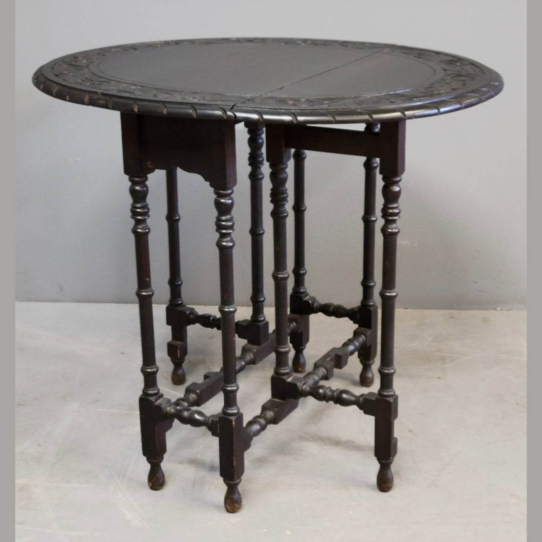 Antique Early 1900s English Ebonized Oak Handcarved Gate Leg Side Table